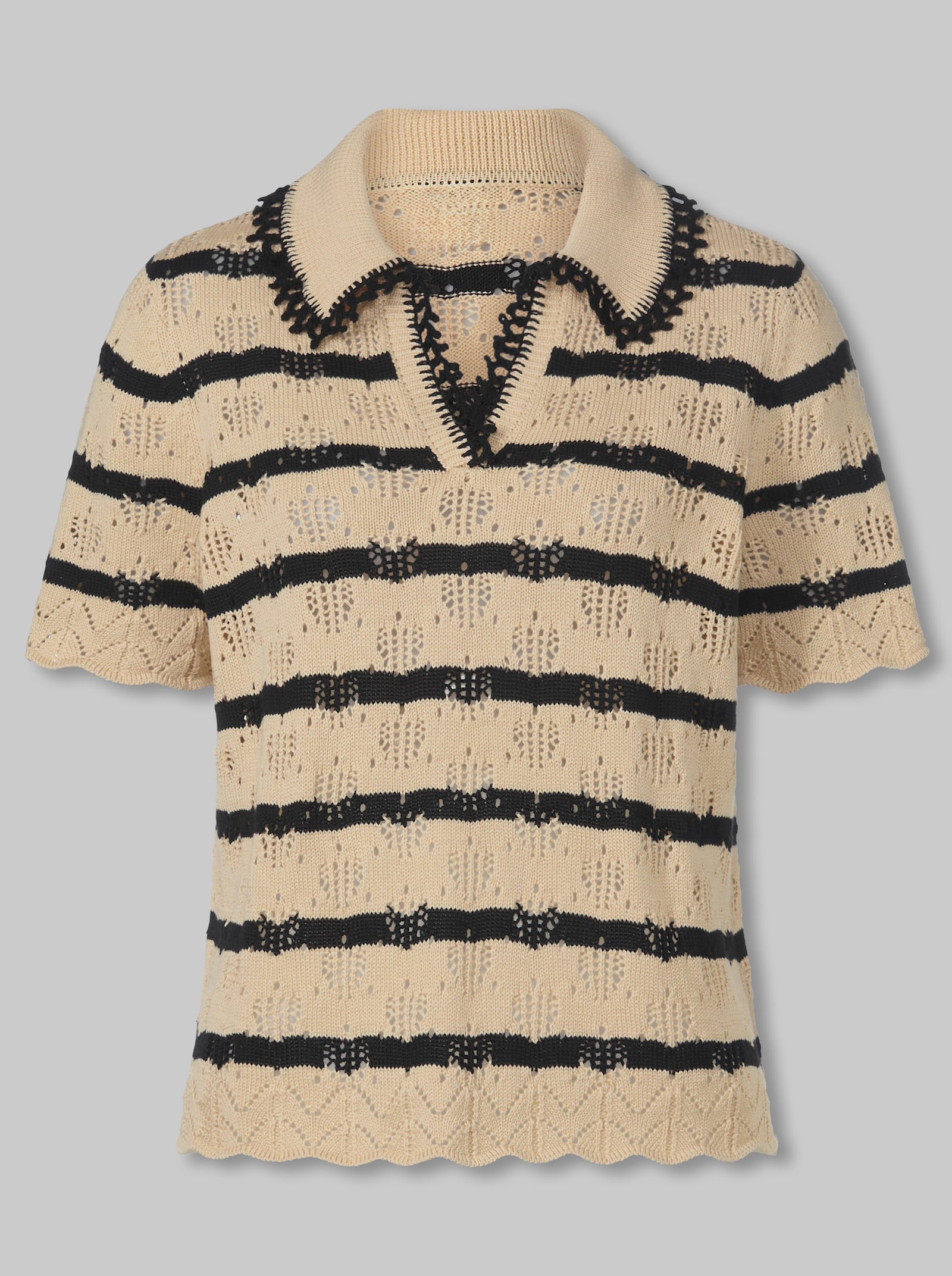 heine Ajourpullover mit Spitze - sand-schwarz-geringelt