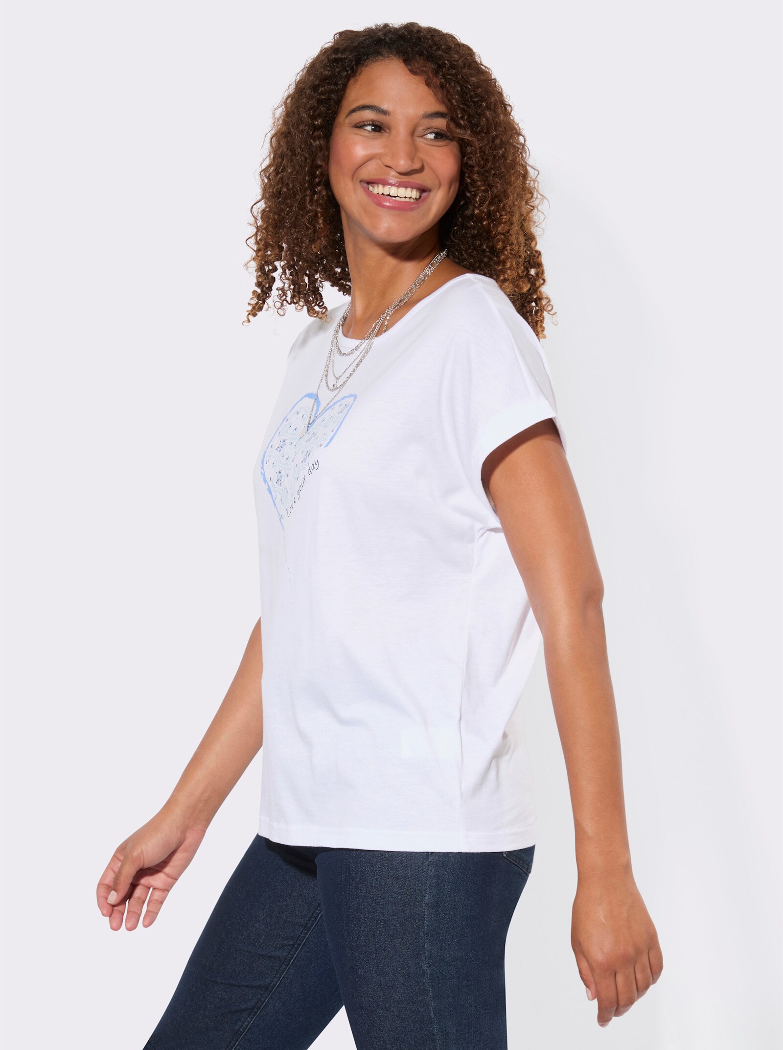Rundhalsshirt mit Druck-Motiv - ecru-dunkelblau-bedruckt