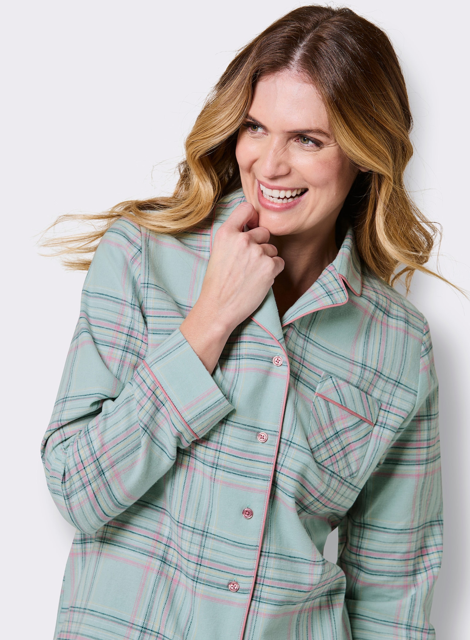 wäschepur Pyjama in Finette-Qualität - kalkmint-altrosa-kariert