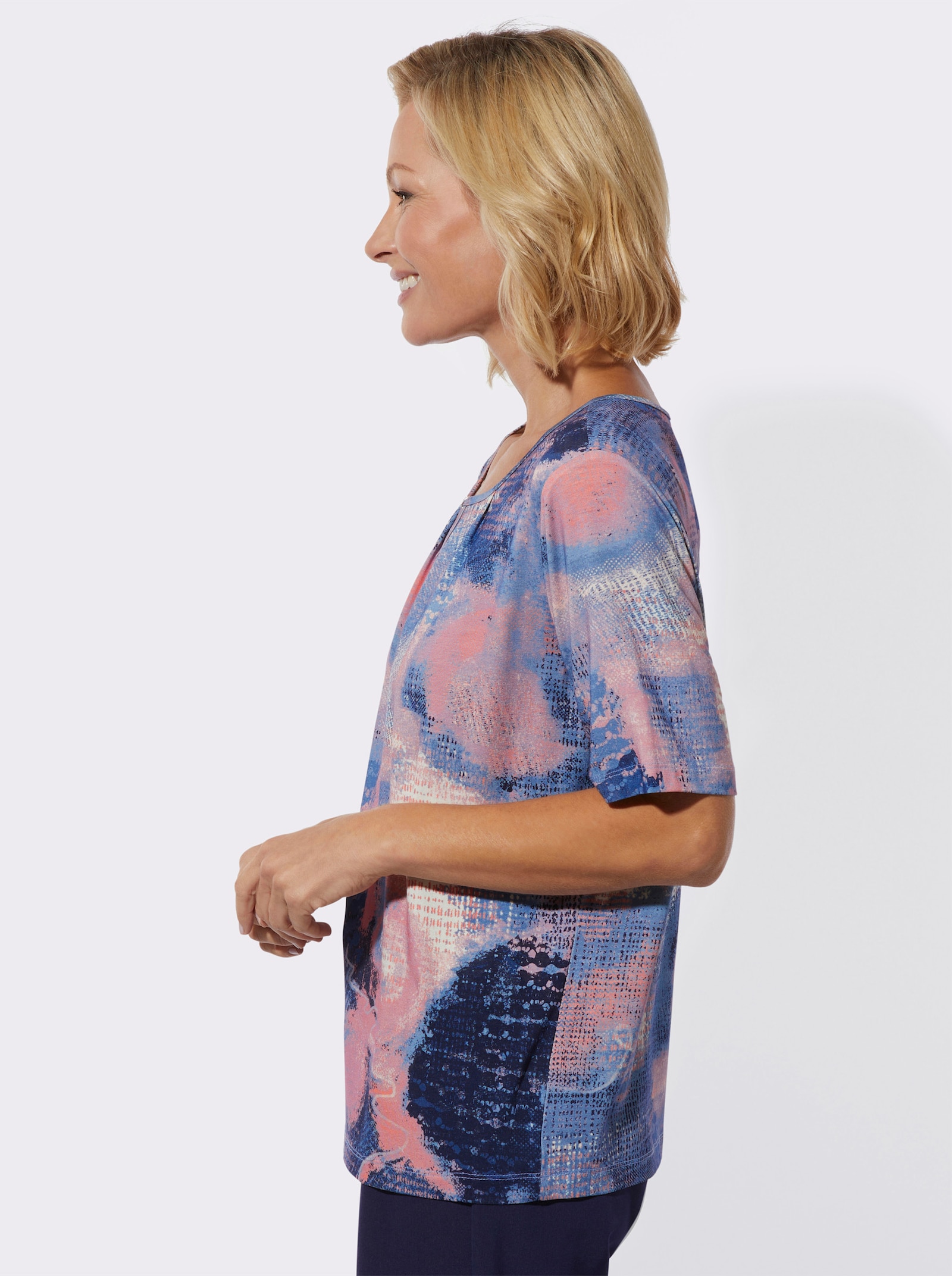 Shirt met ronde hals en siersteentjes - marine/flamingo bedrukt