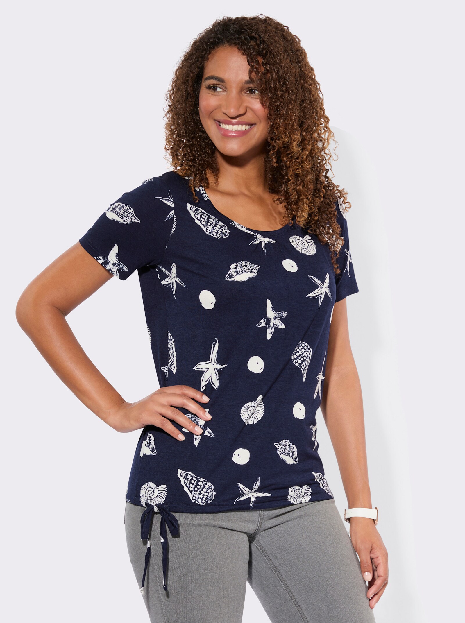 Kurzarmshirt mit Tunnelzug am Saum - marine-weiß-bedruckt