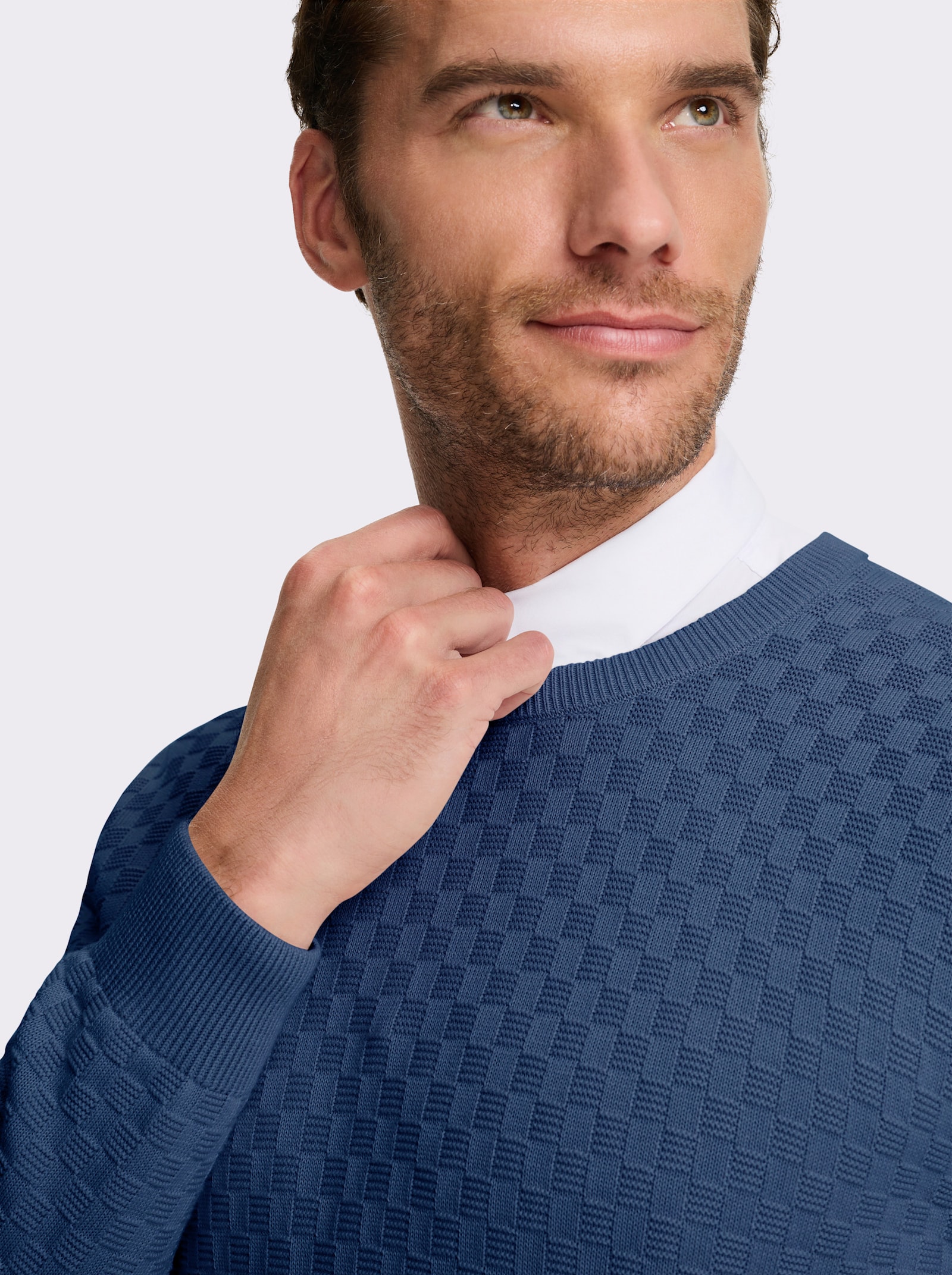 Marco Donati Rundhalspullover im Schachbrett-Muster rundum - jeansblau