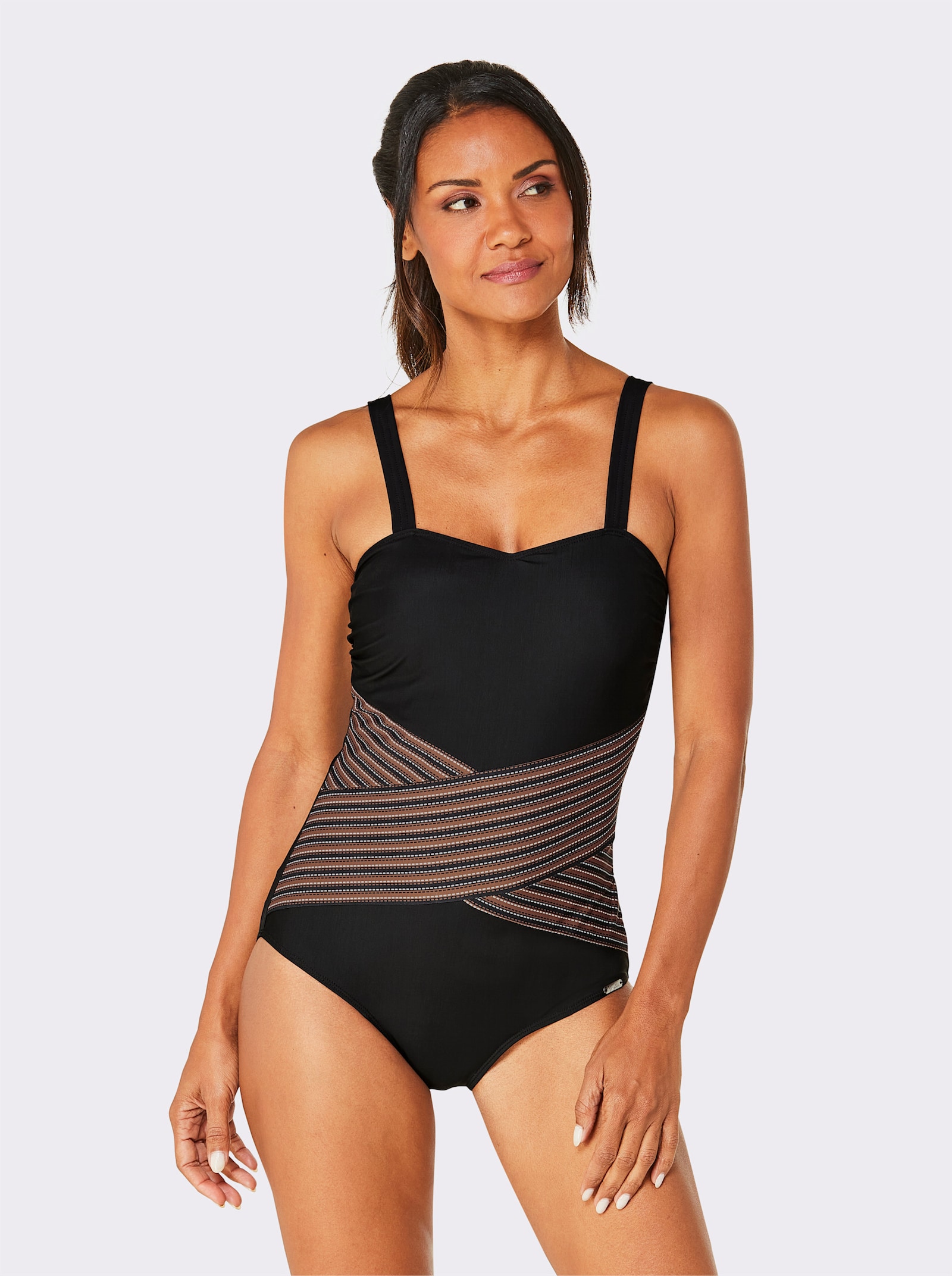 Badeanzug mit figurformendem Effekt - schwarz-cognac