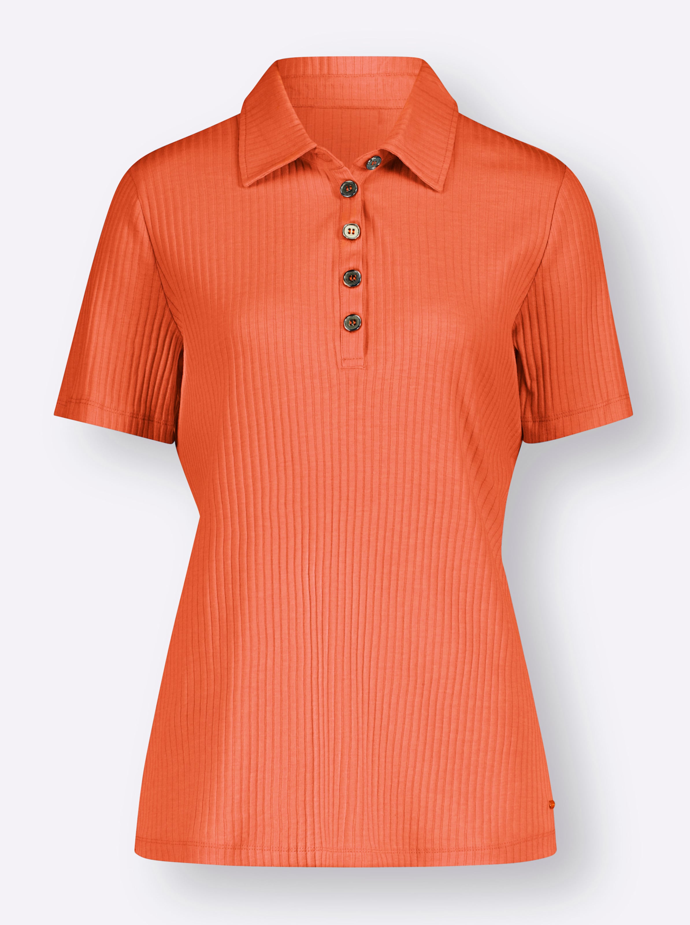 Poloshirt günstig Kaufen-Poloshirt in orange von heine. Poloshirt in orange von heine <![CDATA[Poloshirt in schöner Ripp-Qualität, die herrlich komfortabel und dank Stretch-Anteil sehr trageangenehm ist. Mit Polokragen, kurzer Knopfleiste und kurzen Ärmeln. Seitenschlitze sorg