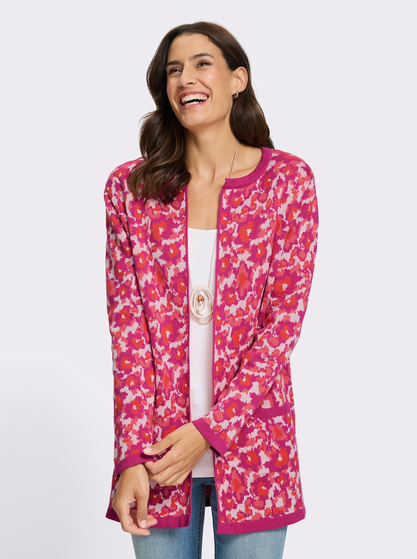 Jacquardstrickjacke mit 2 Taschen - fuchsia-koralle-gemustert