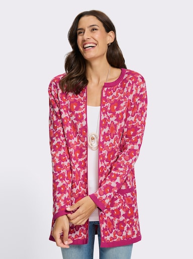 Jacquardstrickjacke mit 2 Taschen - fuchsia-koralle-gemustert