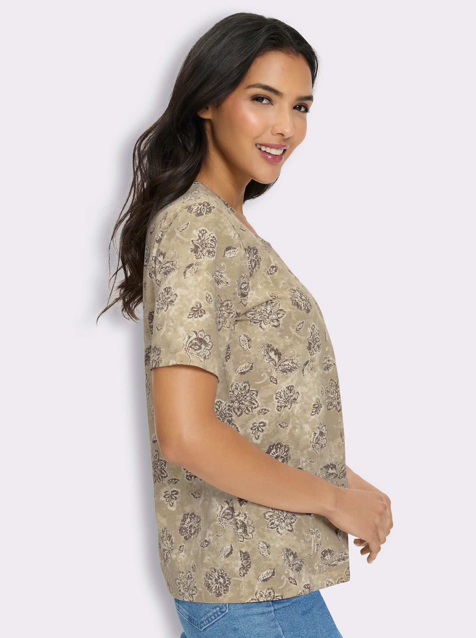 Kurzarmshirt mit Faltenpartie vorne - taupe-beige-bedruckt