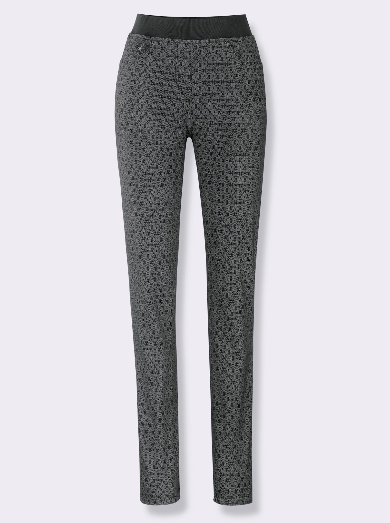 Comfortjeans met geribde comfortband van tricot - grey/denim bedrukt