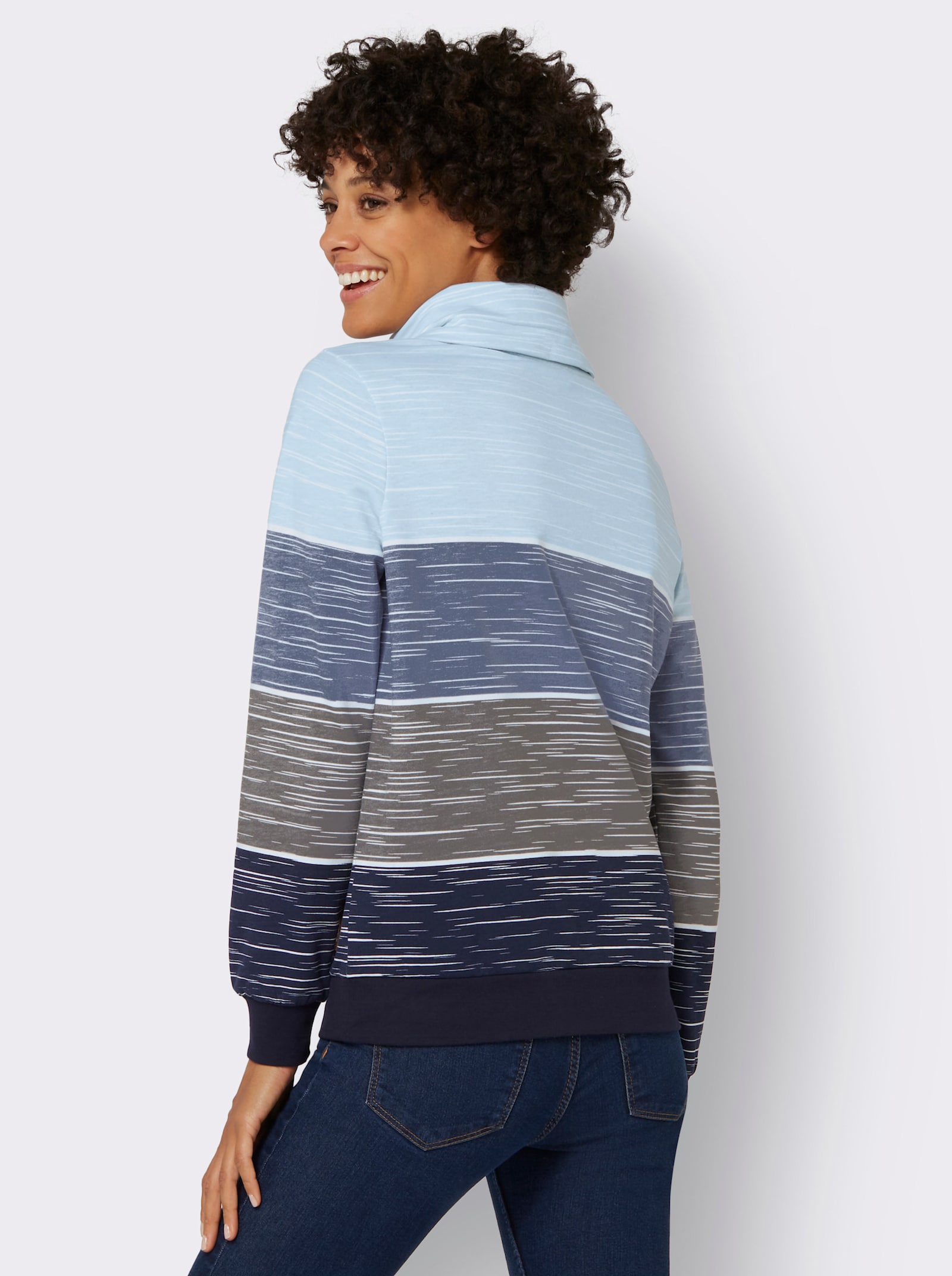 Sweatshirt mit Zierknöpfen am Kragen - marine-hellblau-bedruckt