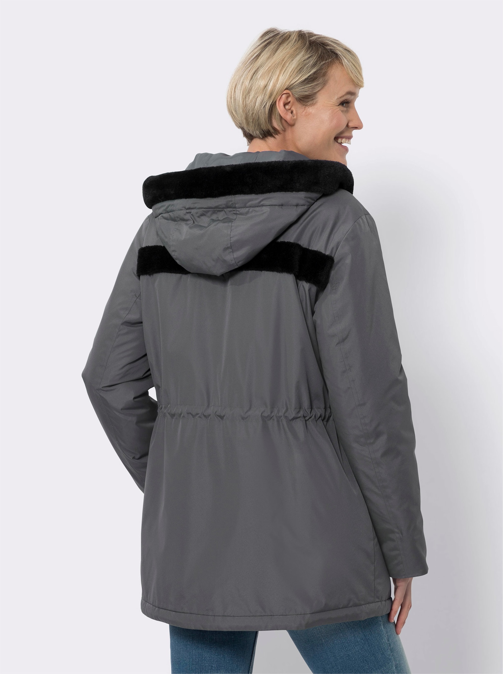 Bunda s kapucí a lemem z imitace kožešiny - antracitová