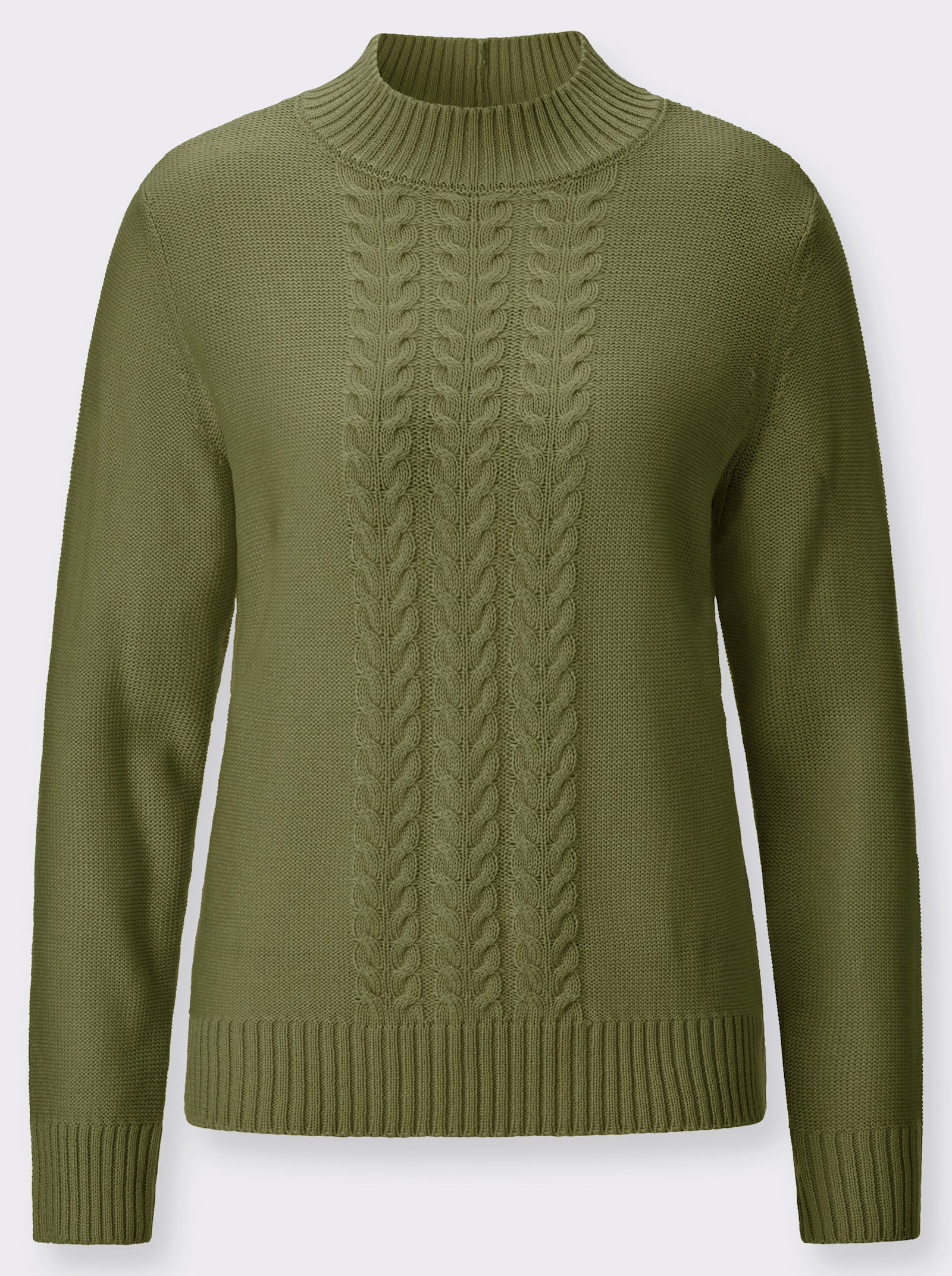 Stehkragenpullover mit Zopfmuster - oliv
