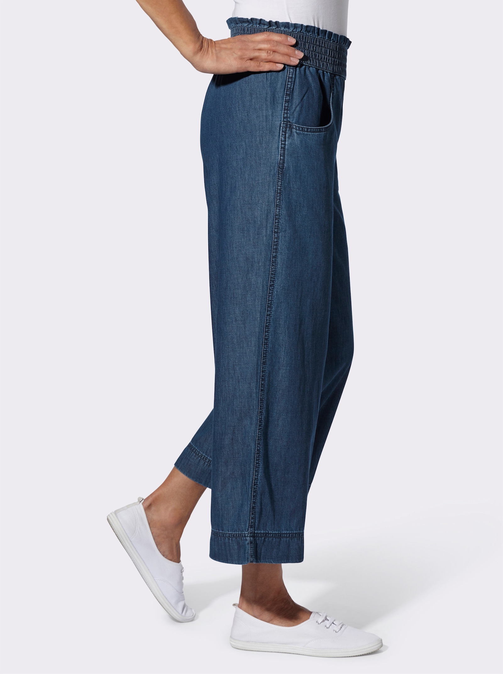 7/8-Jeans mit gesmoktem Dehnbund - blue-stone-washed
