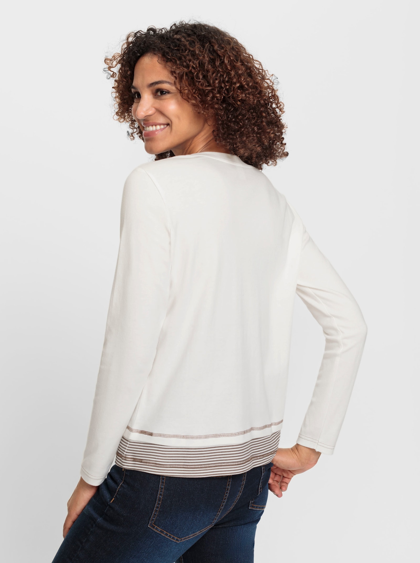 Rundhalsshirt mit gestreiften Einsätzen - ecru-dunkeltaupe-geringelt
