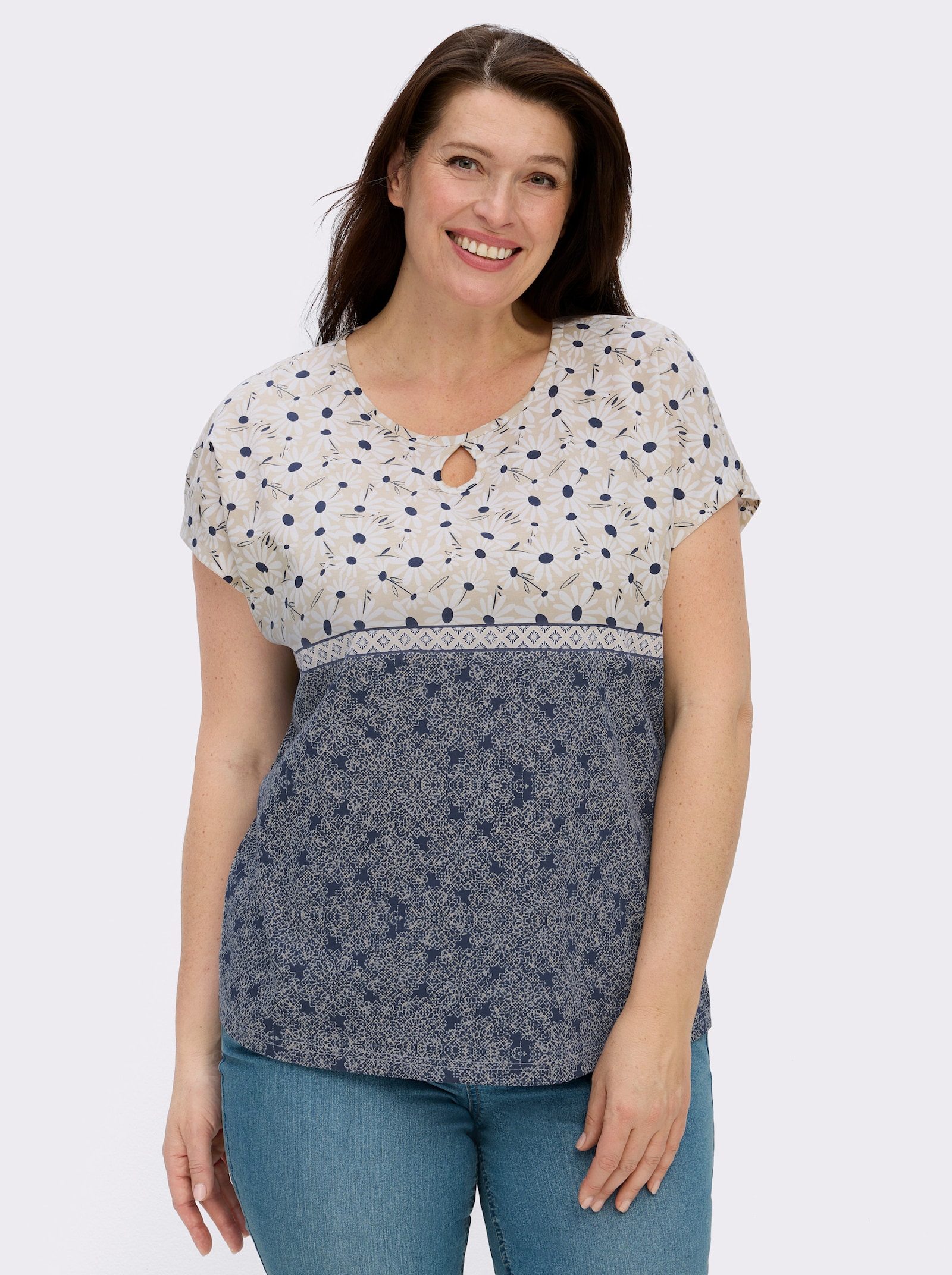 Kurzarmshirt mit Tropfen-Ausschnitt - weiß-marine-bedruckt