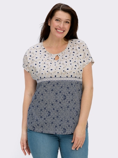 Kurzarmshirt mit Tropfen-Ausschnitt - weiß-marine-bedruckt