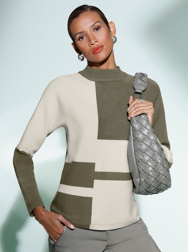 Jacquard-Pullover , Rückenteil einfarbig - khaki-ecru-gemustert