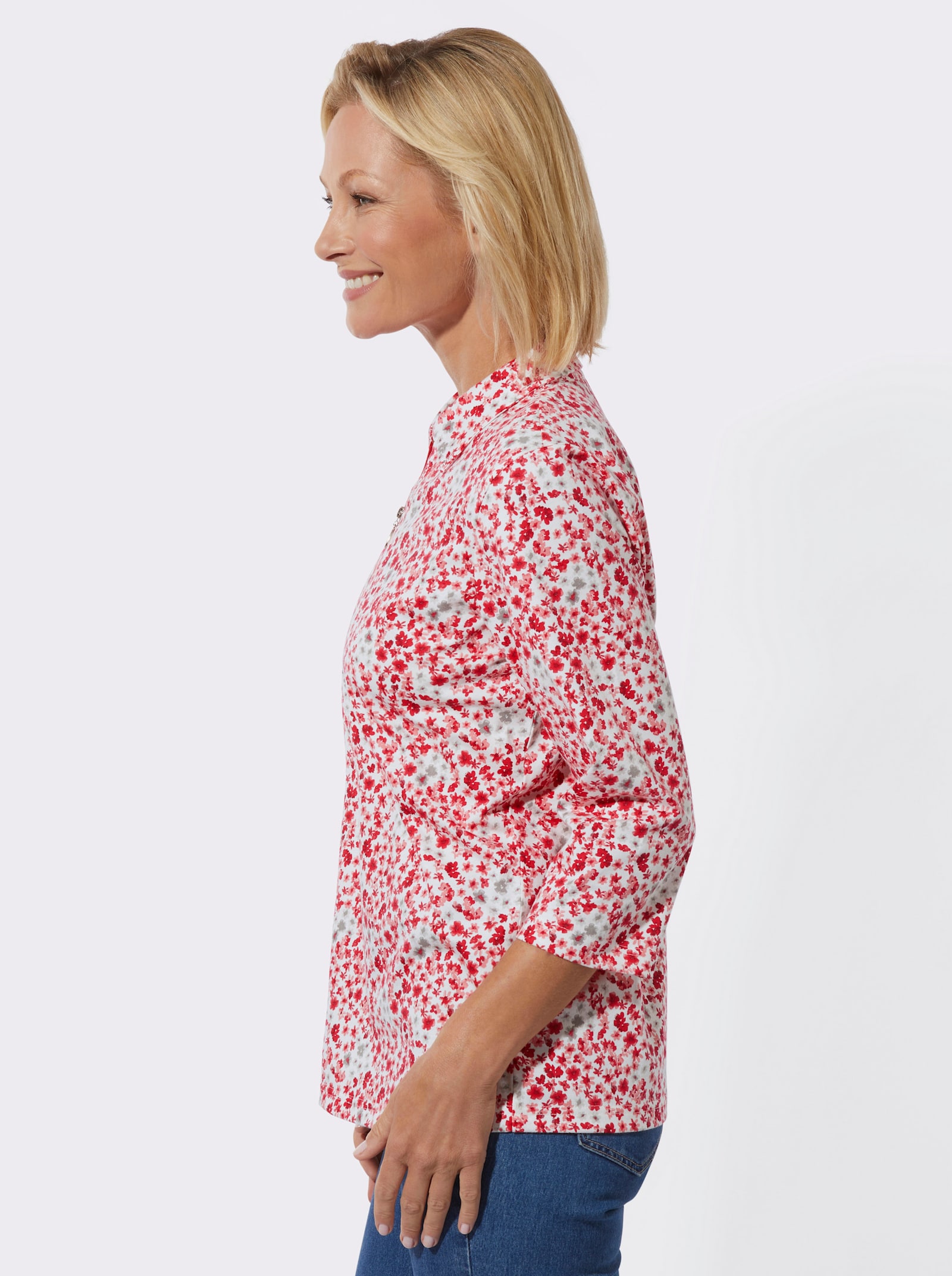 Poloshirt mit Glitzersteinchen - rot-ecru-bedruckt