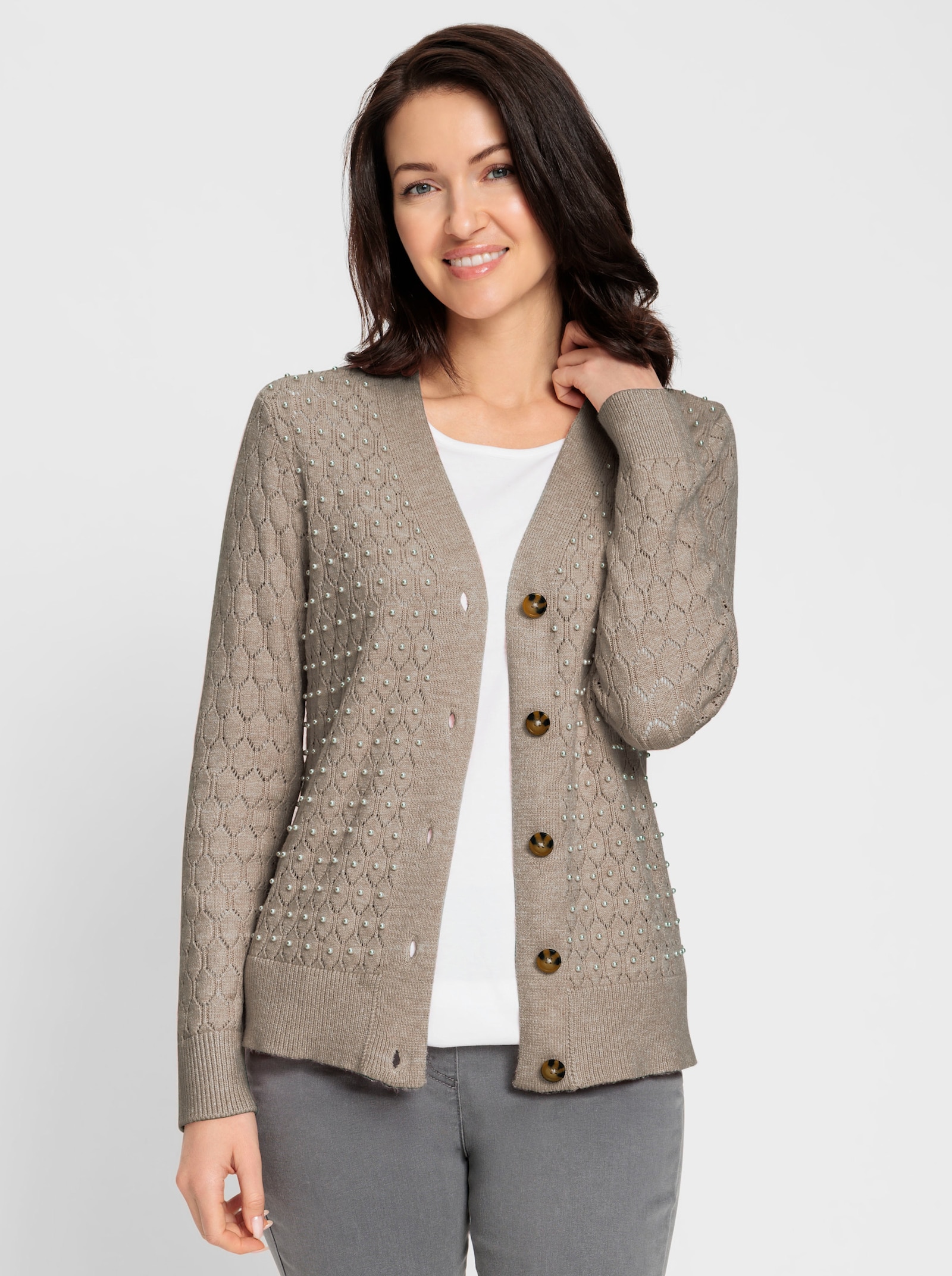 Ajourstrickjacke mit Zierperlen - sesam-meliert