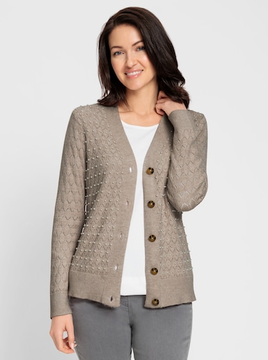 Ajourstrickjacke mit Zierperlen - sesam-meliert