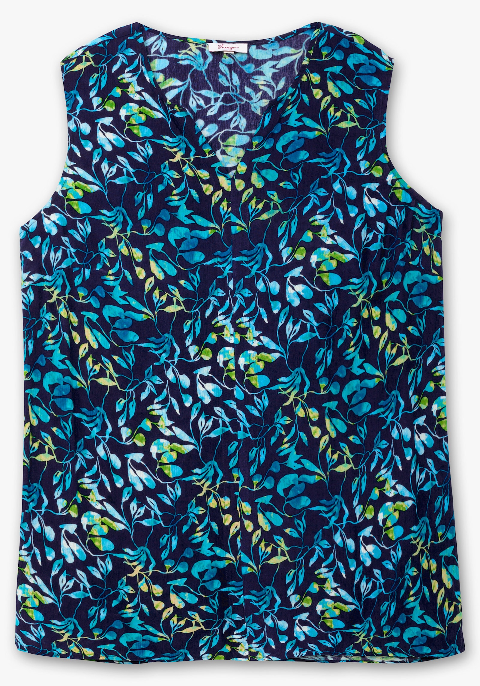 sheego Blusentop aus Crêpequalität, mit Blätterdruck - tiefblau-bedruckt