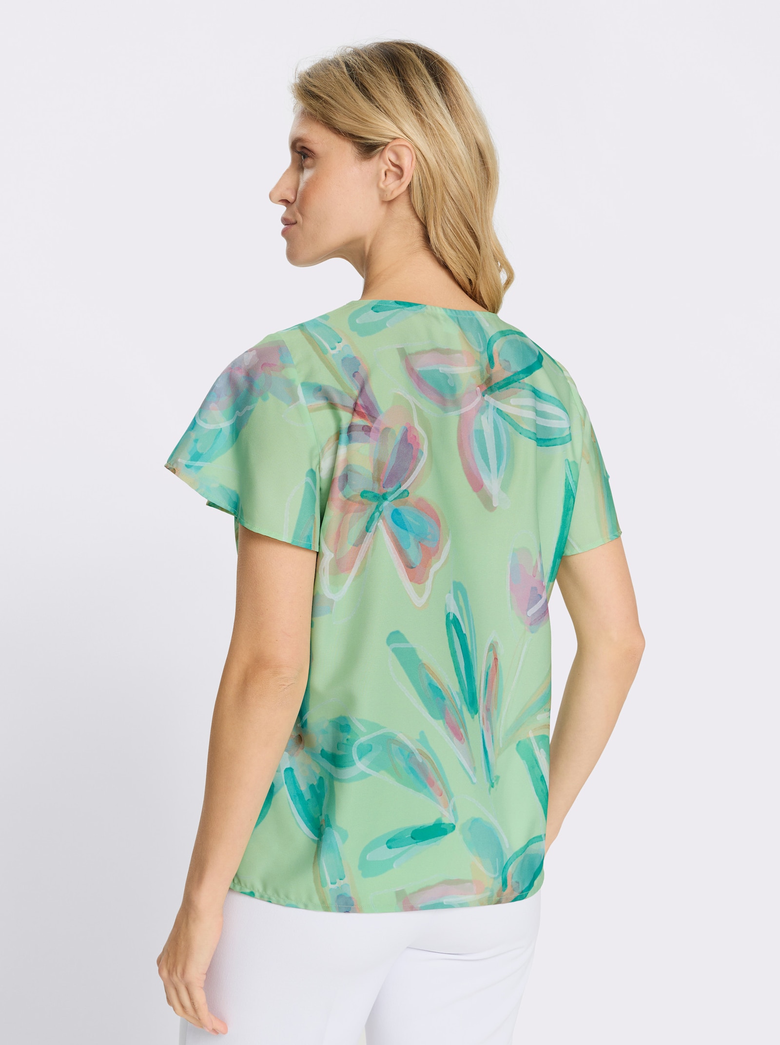 Tunika mit Flügelärmeln - reseda-rosé-bedruckt