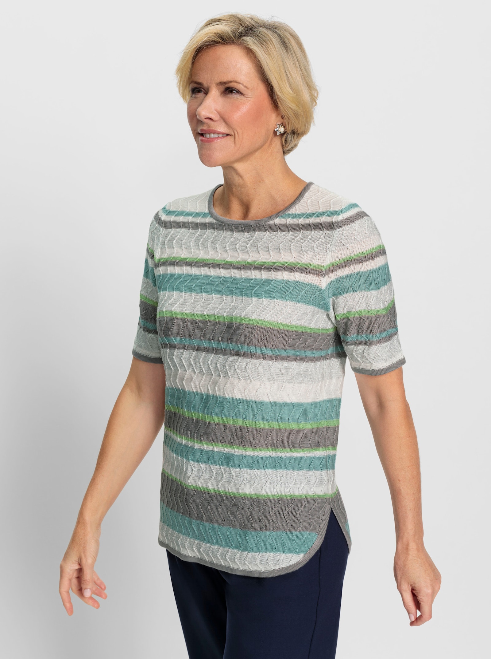 Kurzarmpullover im aufwendigen Strickmuster - mint-ecru-geringelt