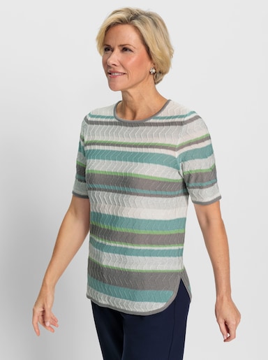 Kurzarmpullover im aufwendigen Strickmuster - mint-ecru-geringelt