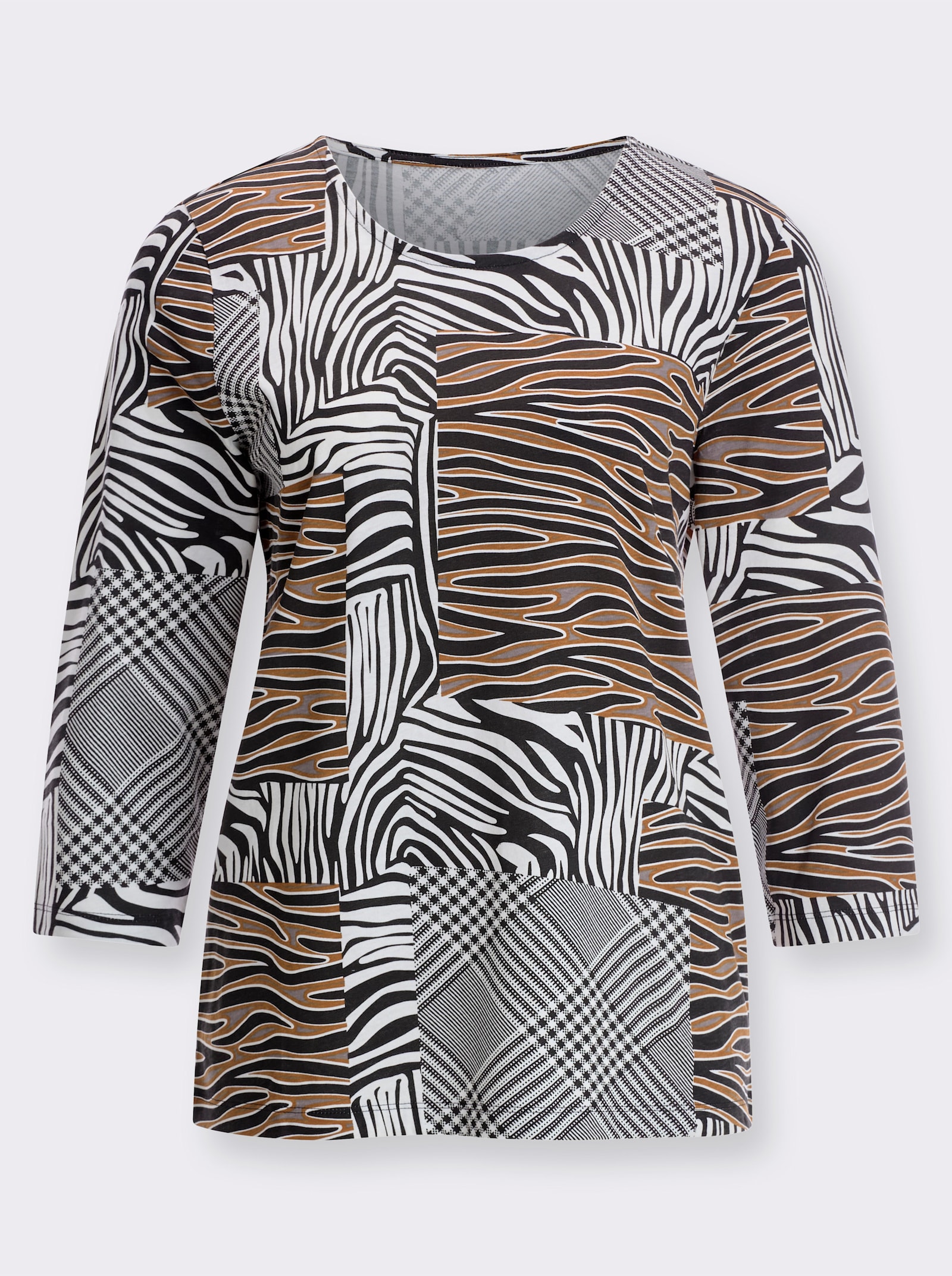 Shirt met ronde hals en patchworkpatroon - zwart/cognac bedrukt