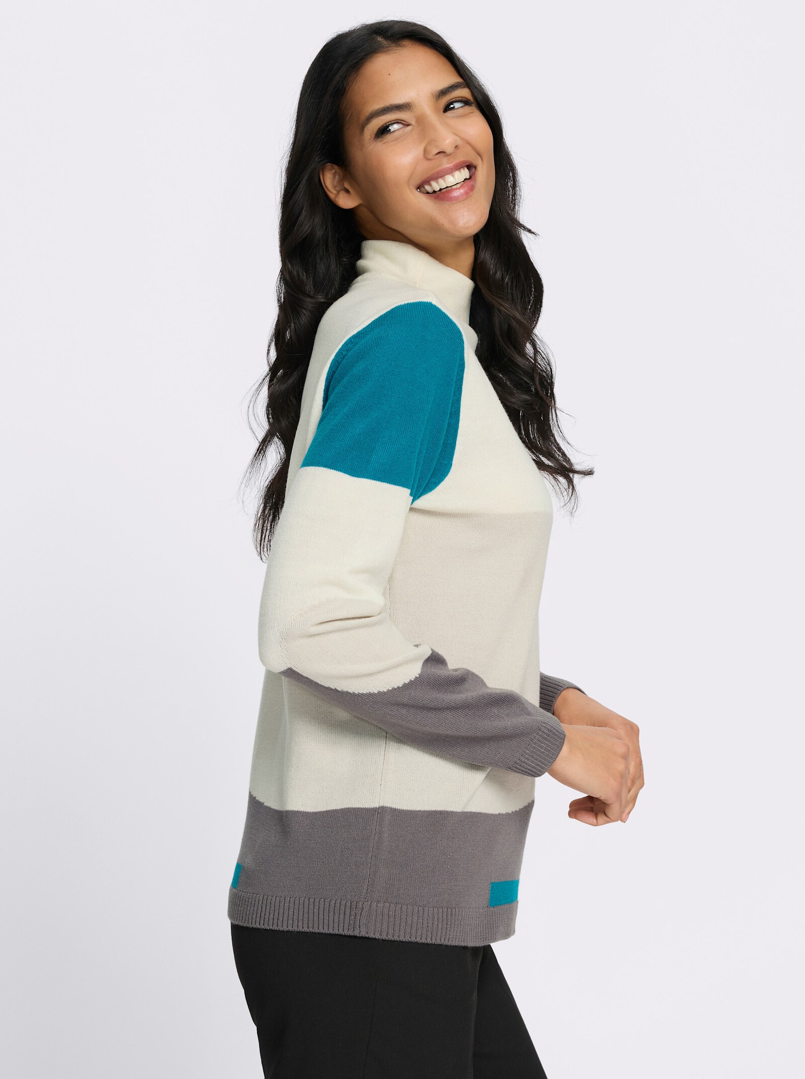 Stehkragenpullover mit Intarsienmuster - champagner-aquapetrol-gemustert