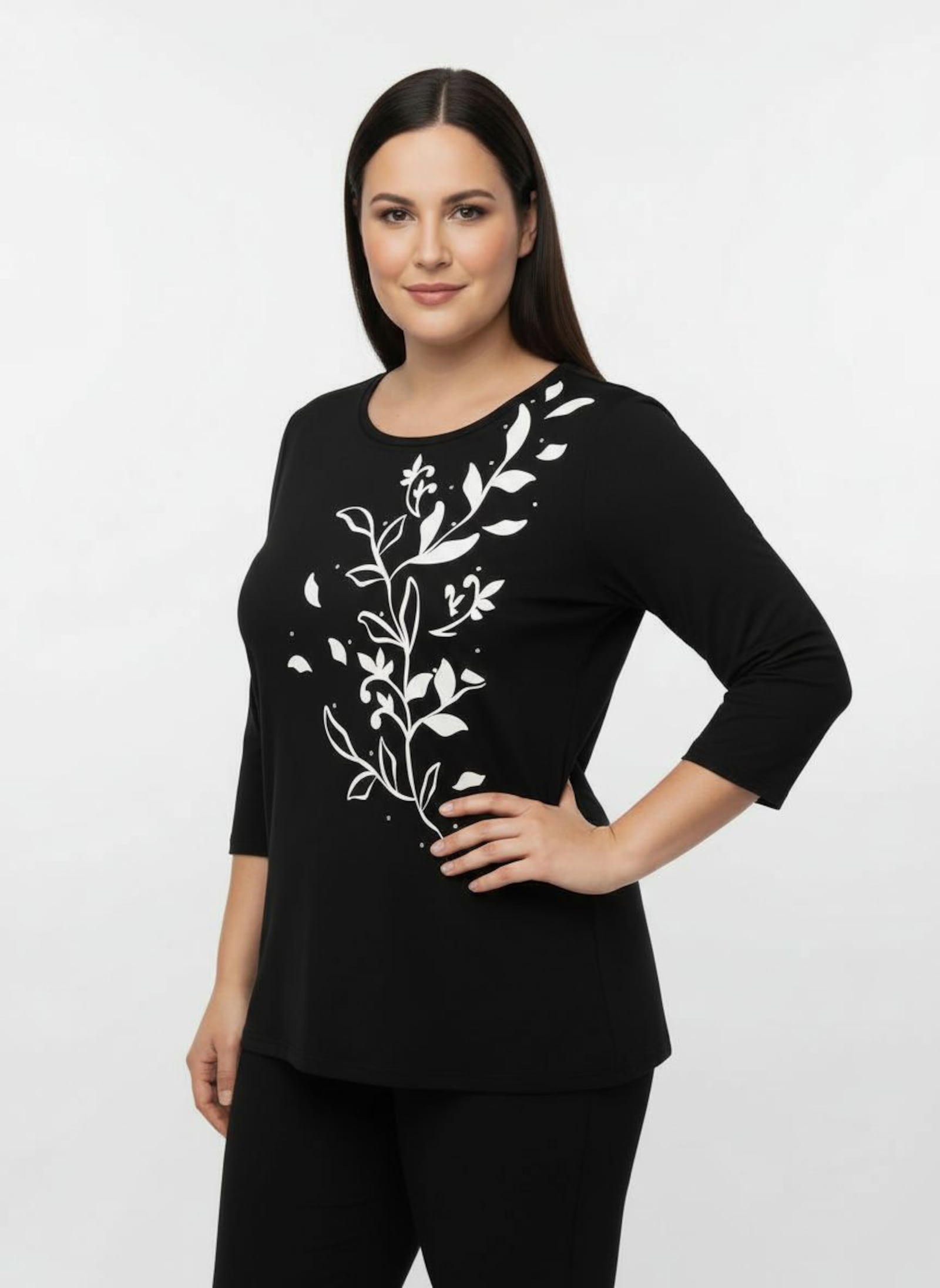 3/4-Arm-Shirt mit platziertem Druck - schwarz-ecru-bedruckt