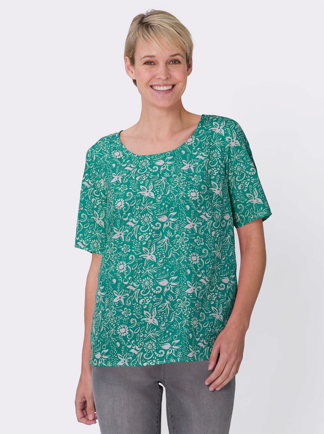 Comfortabele blouse - smaragd/ecru bedrukt