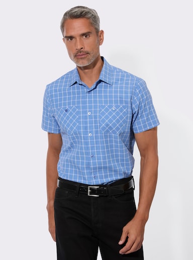 Karohemd mit aufgesetzten Brusttaschen - mittelblau-ecru-kariert