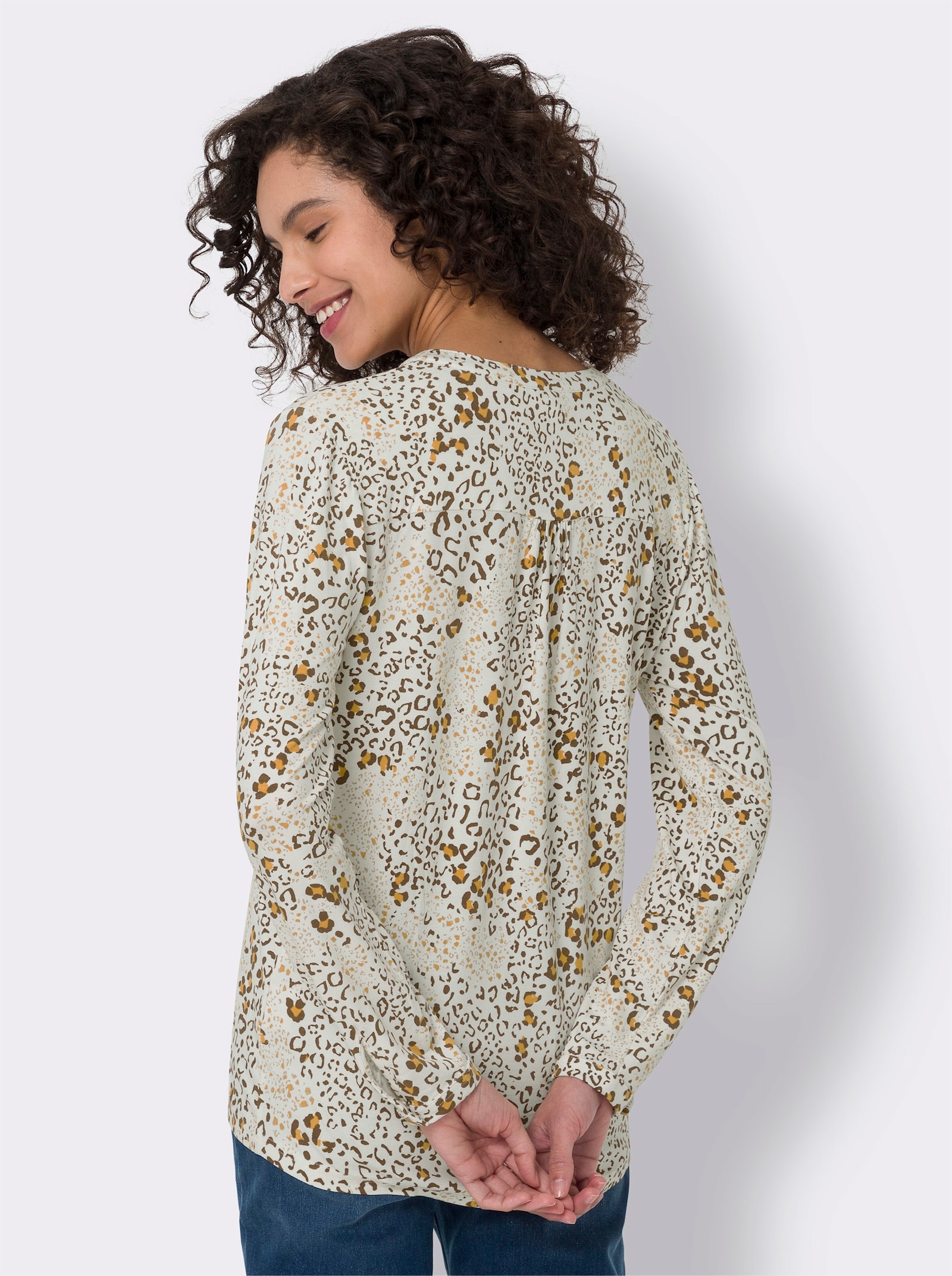 heine Blouse met lange mouwen en fluwelen garnering op de knoopsluiting - champagne/oker bedrukt