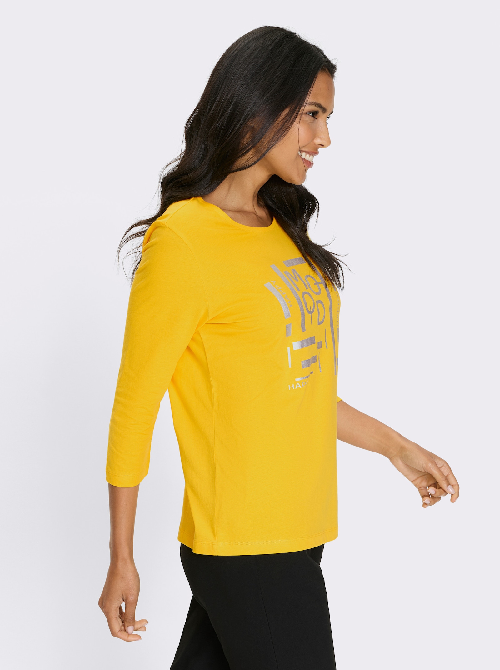 Shirt met 3/4-mouwen en zilverkleurige folieprint - zonnegeel