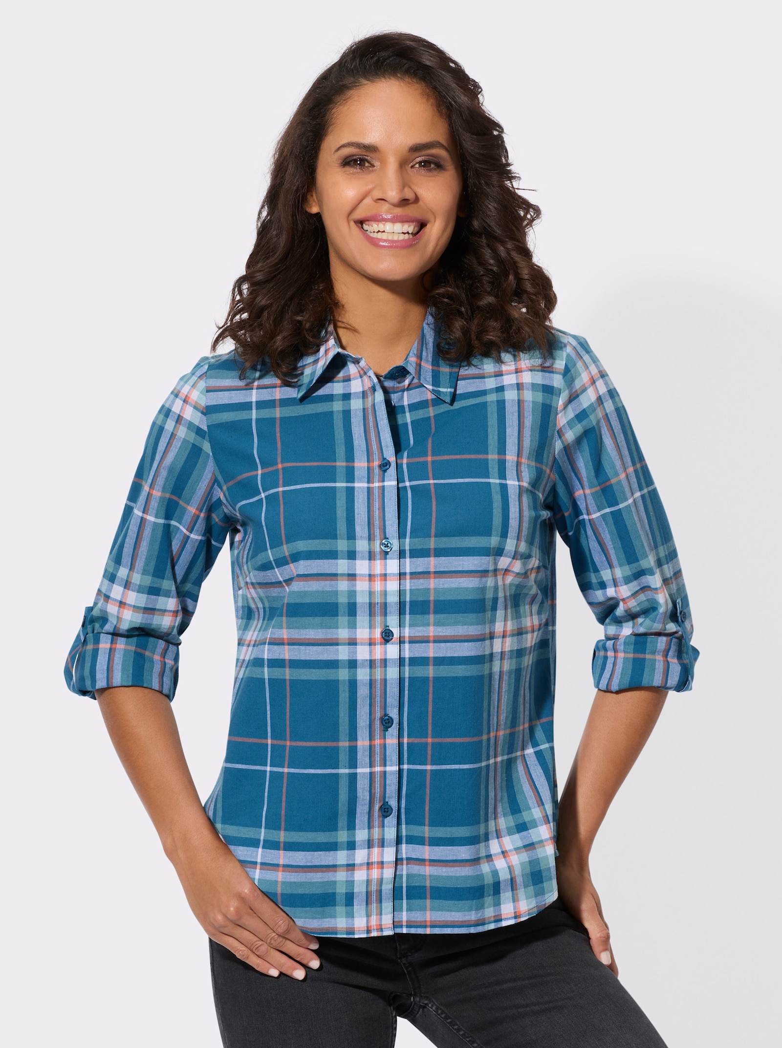 Karobluse mit krempelbaren Ärmeln - topas-ecru-kariert