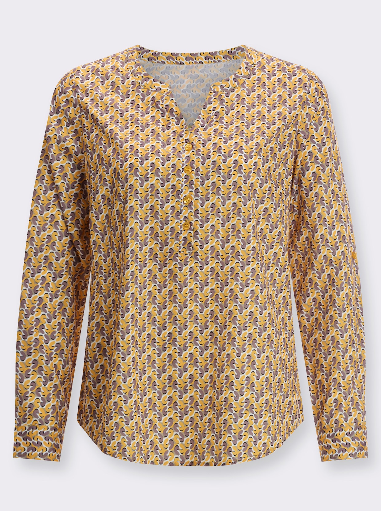 Comfortabele blouse - oker/donkertaupe bedrukt