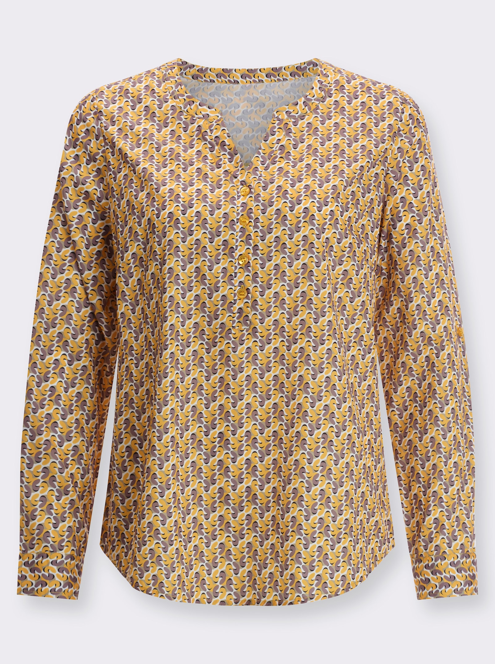 Schlupfbluse im Minimaldessin - ocker-dunkeltaupe-bedruckt