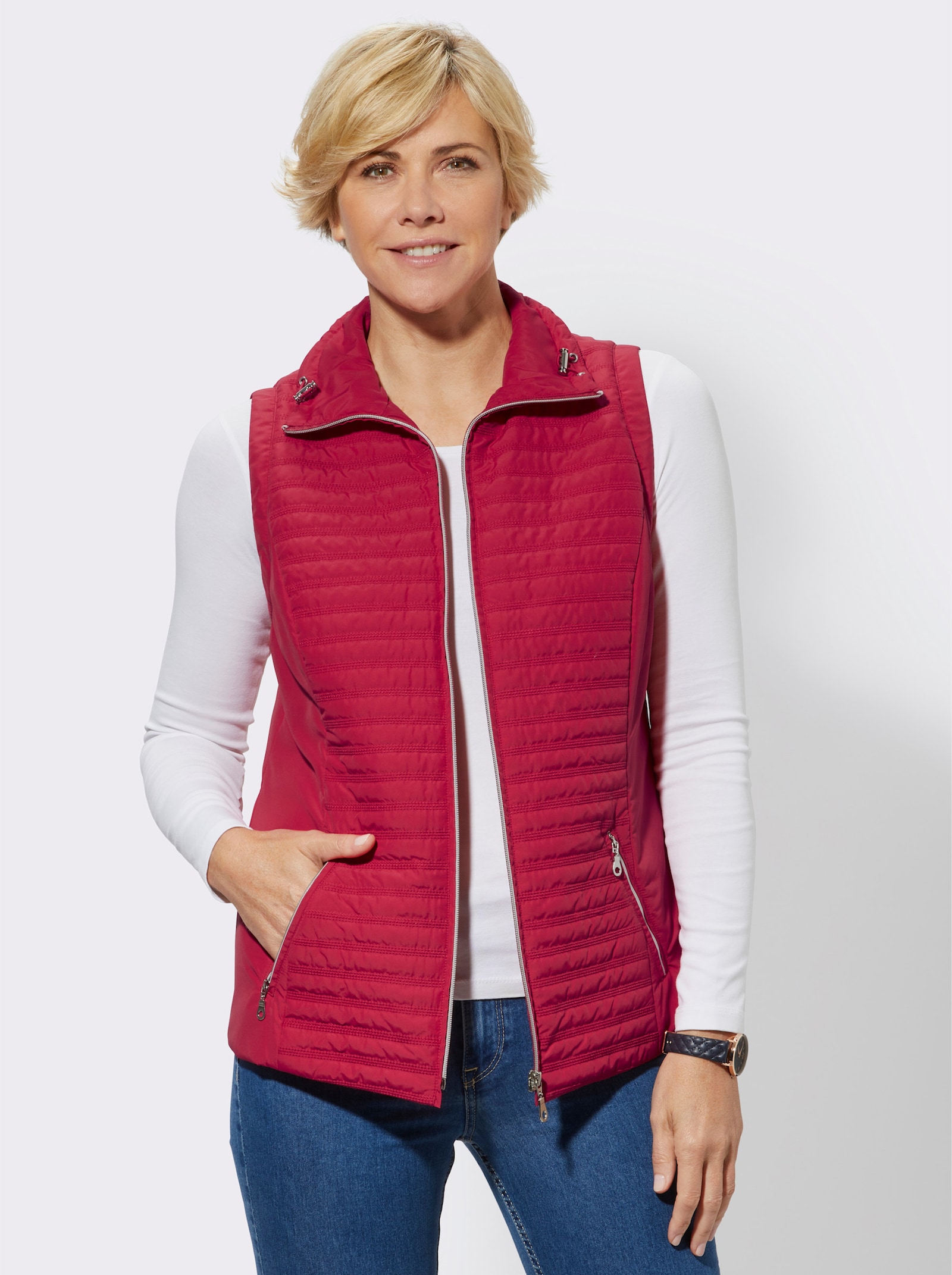 Steppweste mit glatten Einsätzen seitlich - kirschrot