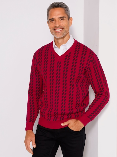 Svetr s výstřihem do V s grafickým pleteným vzorem - červená-burgundská
