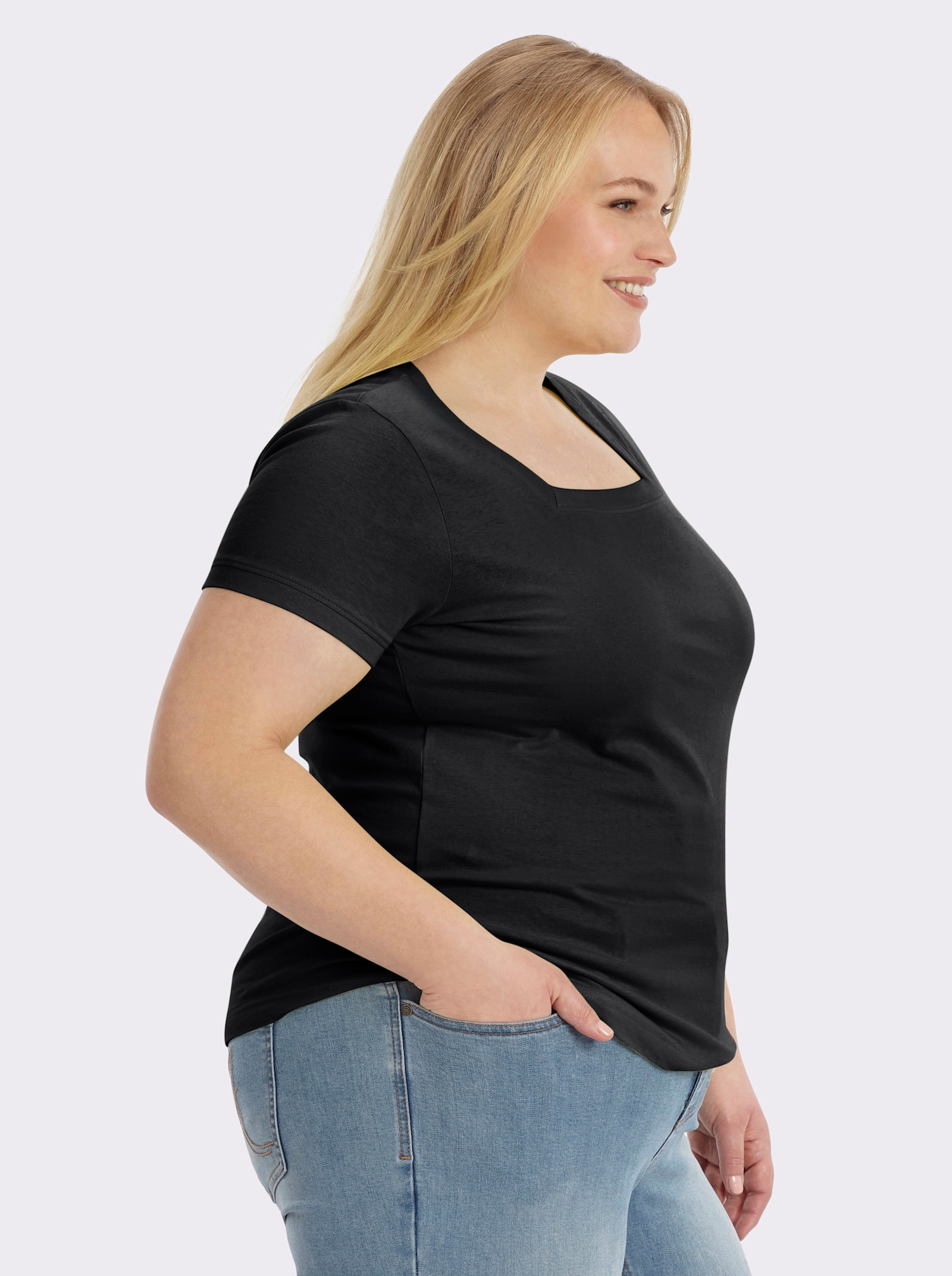 Kurzarmshirt mit Karree-Ausschnitt - schwarz