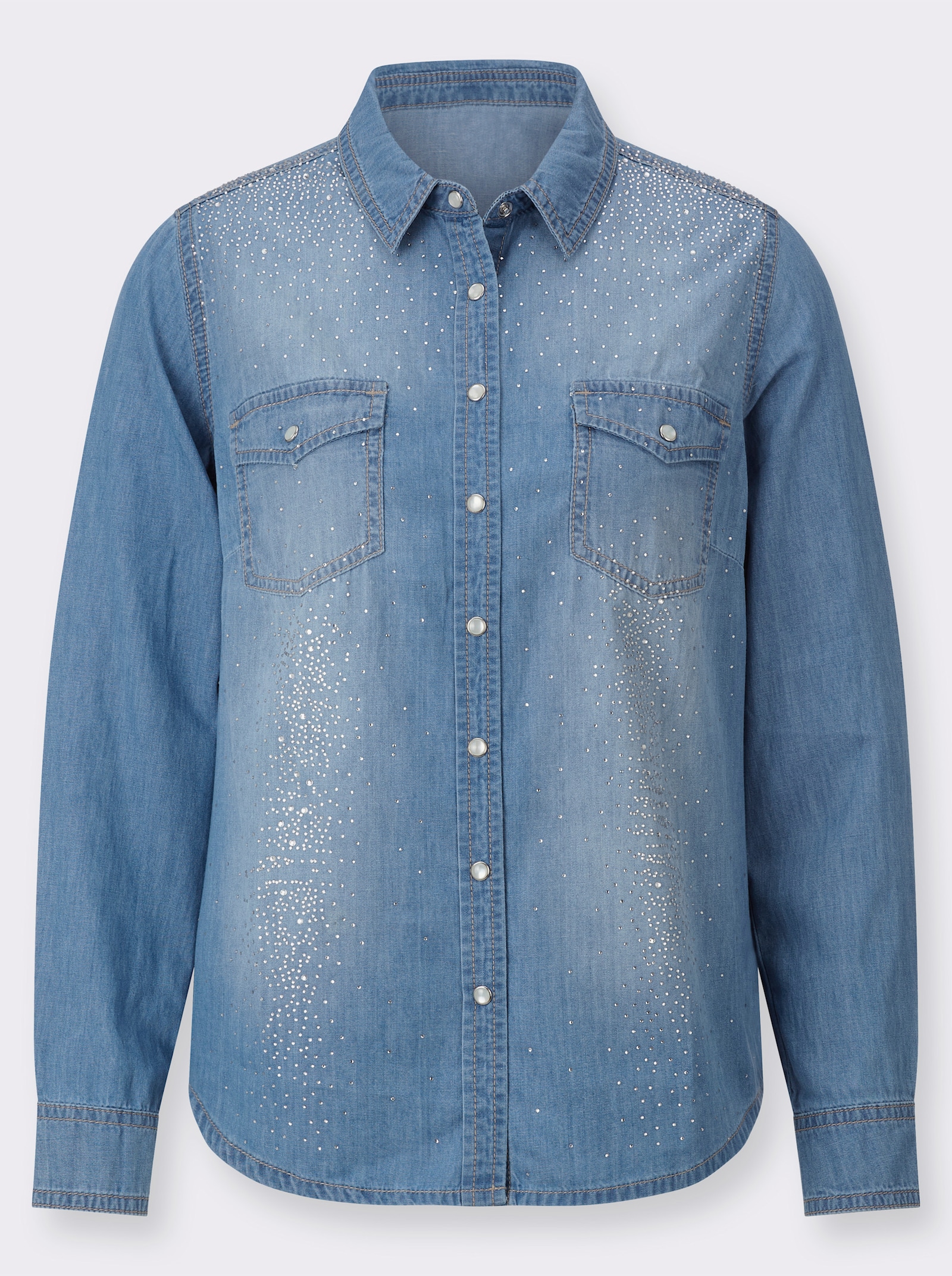Jeansbluse mit Glitzersteinchen - blue-bleached