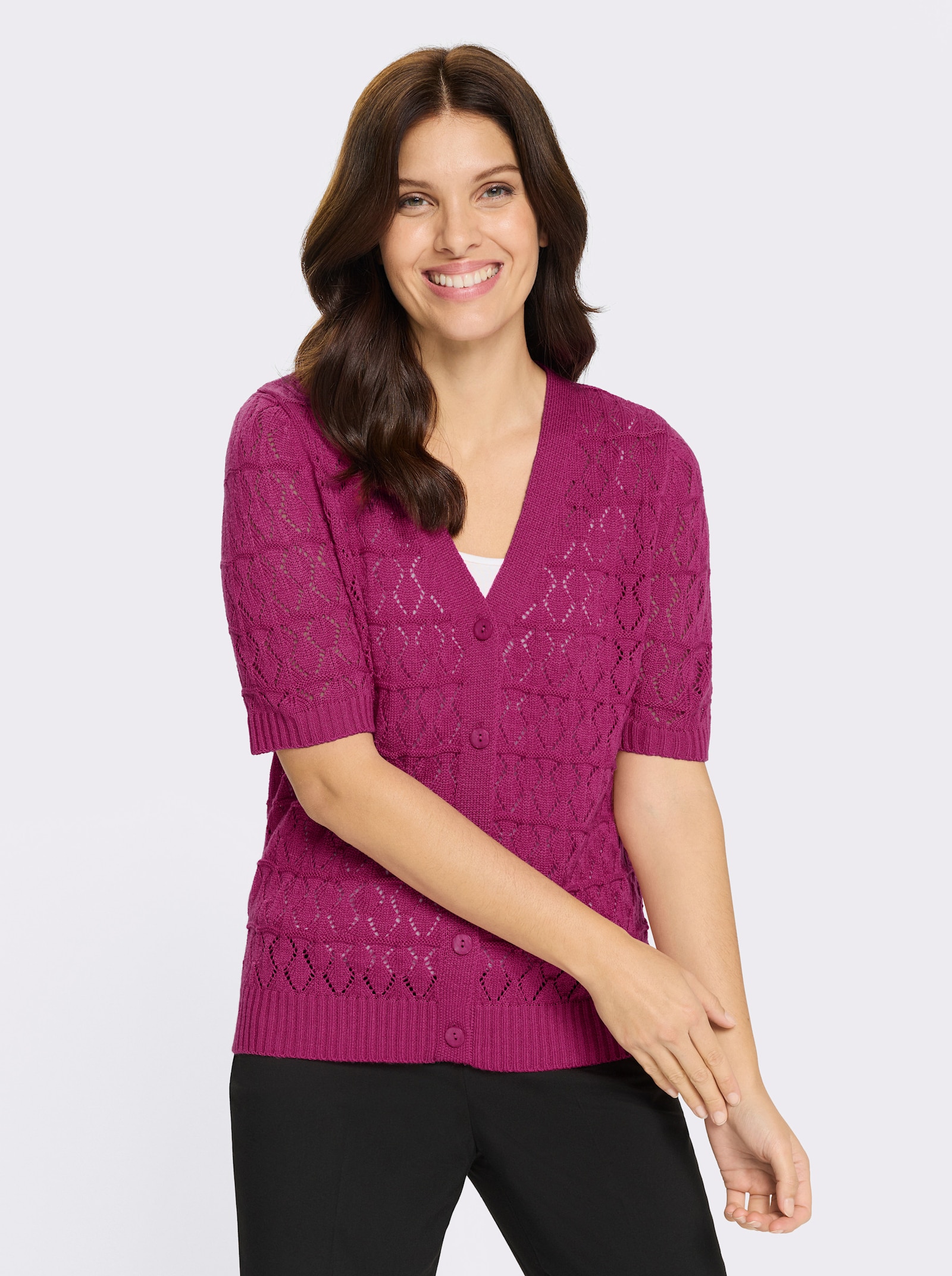 Ažúrový kardigán, gombíky - purpurová