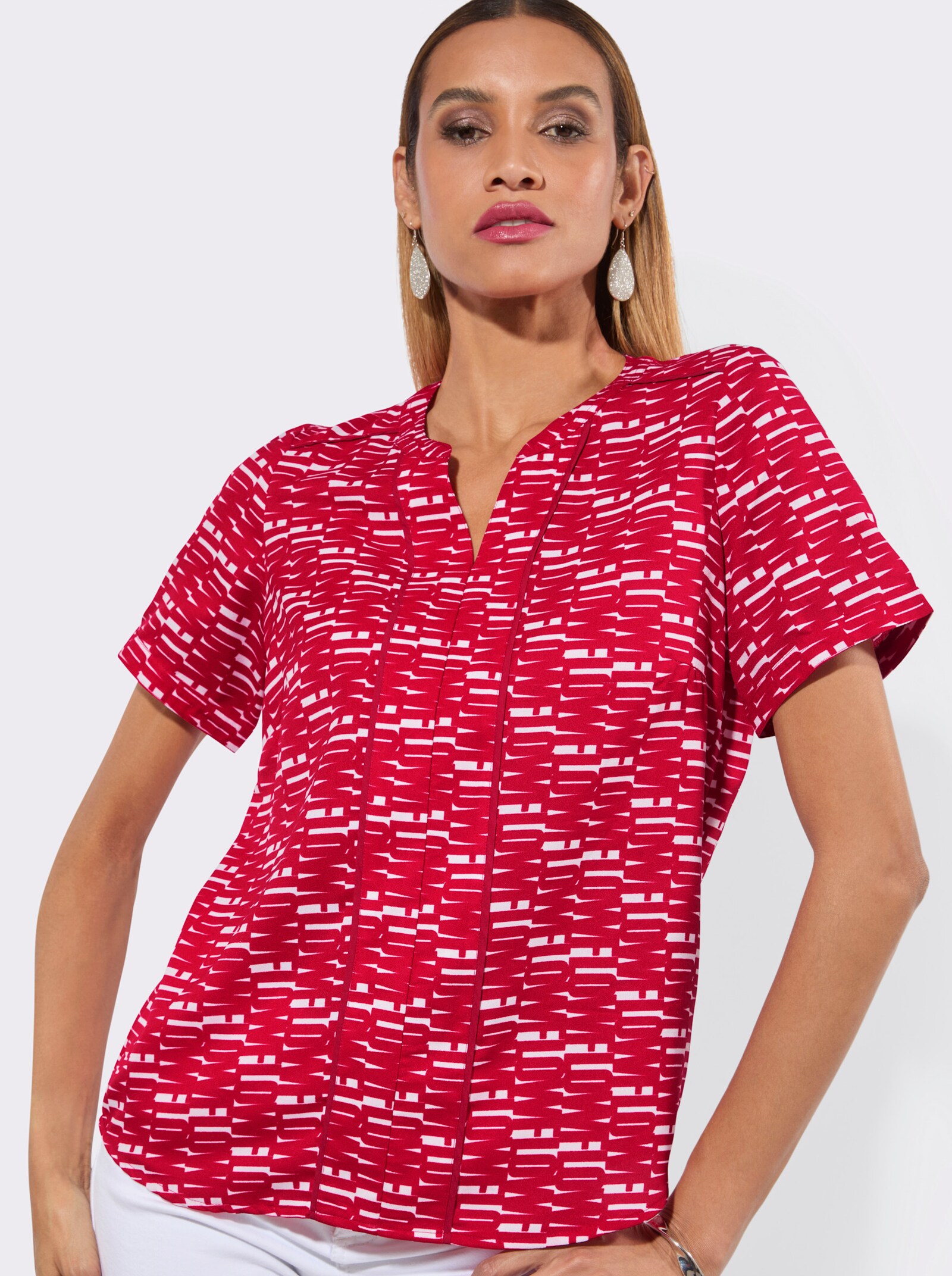 Druckbluse mit Paspeln - rot-weiß