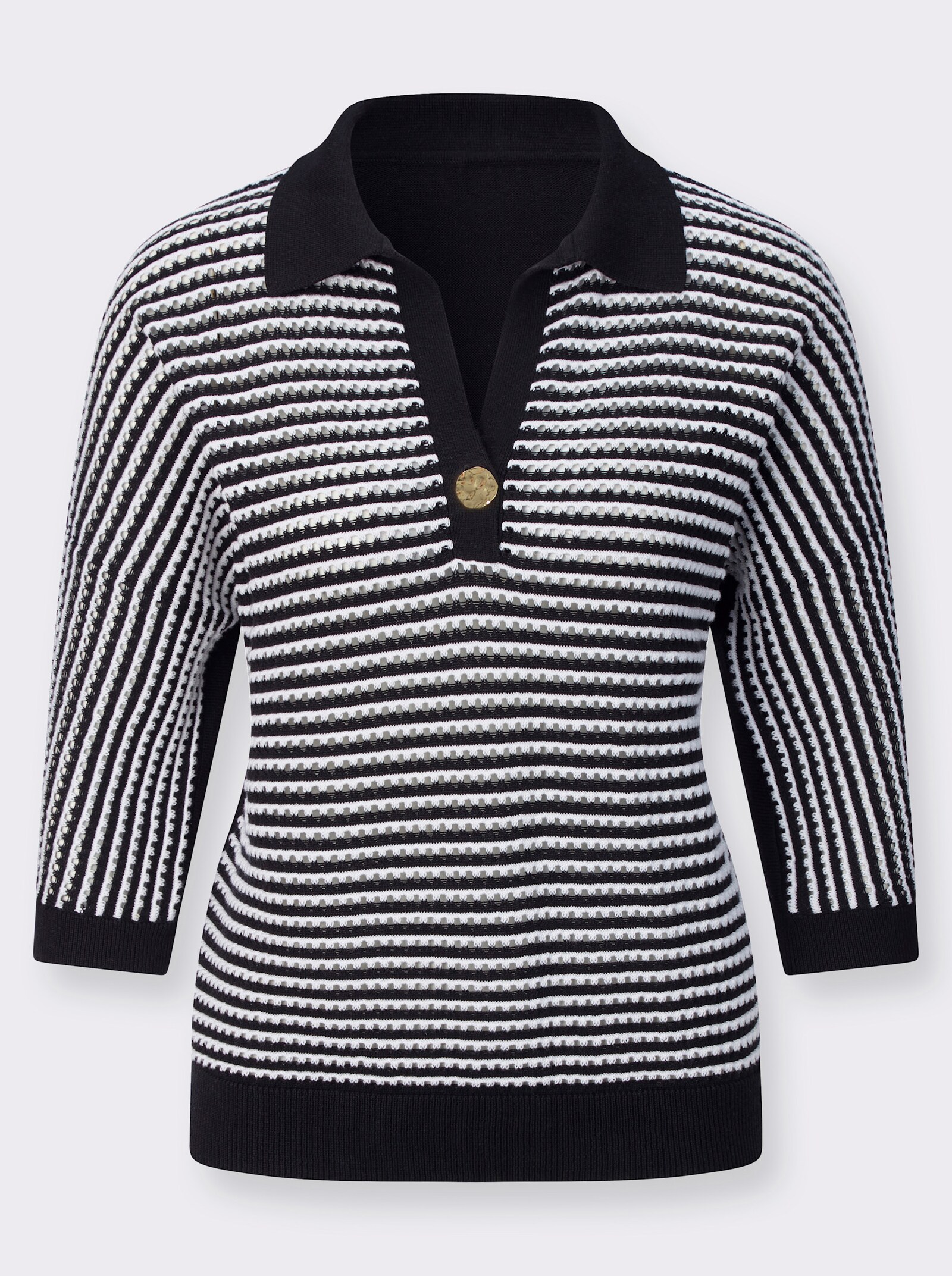 Polopullover mit Lochstickerei vorne - schwarz-weiß-gemustert