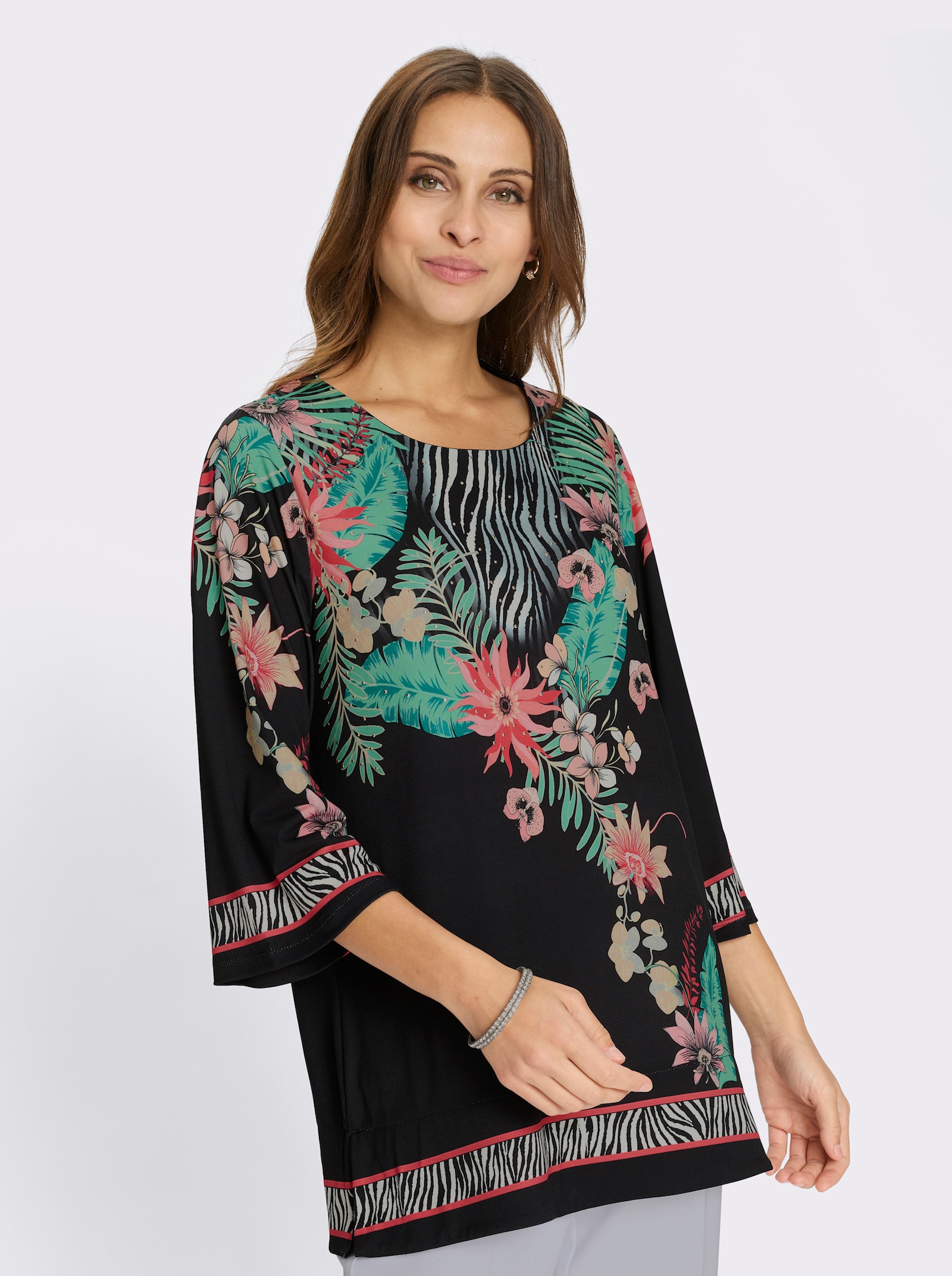 Tunikashirt mit Pailletten - schwarz-flamingo-bedruckt