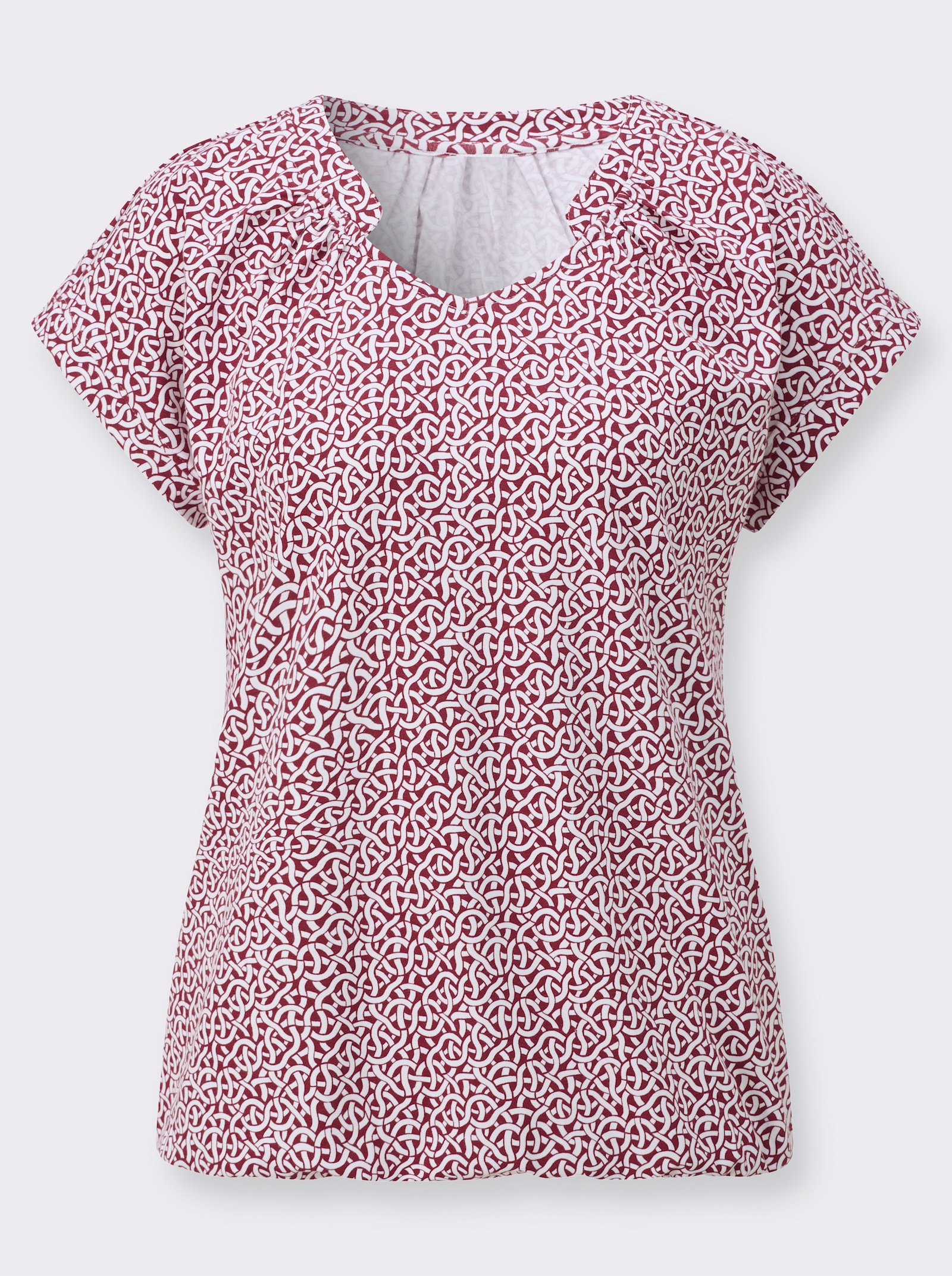 Kurzarmshirt mit kleinen Raffungen - kirsche-ecru-bedruckt