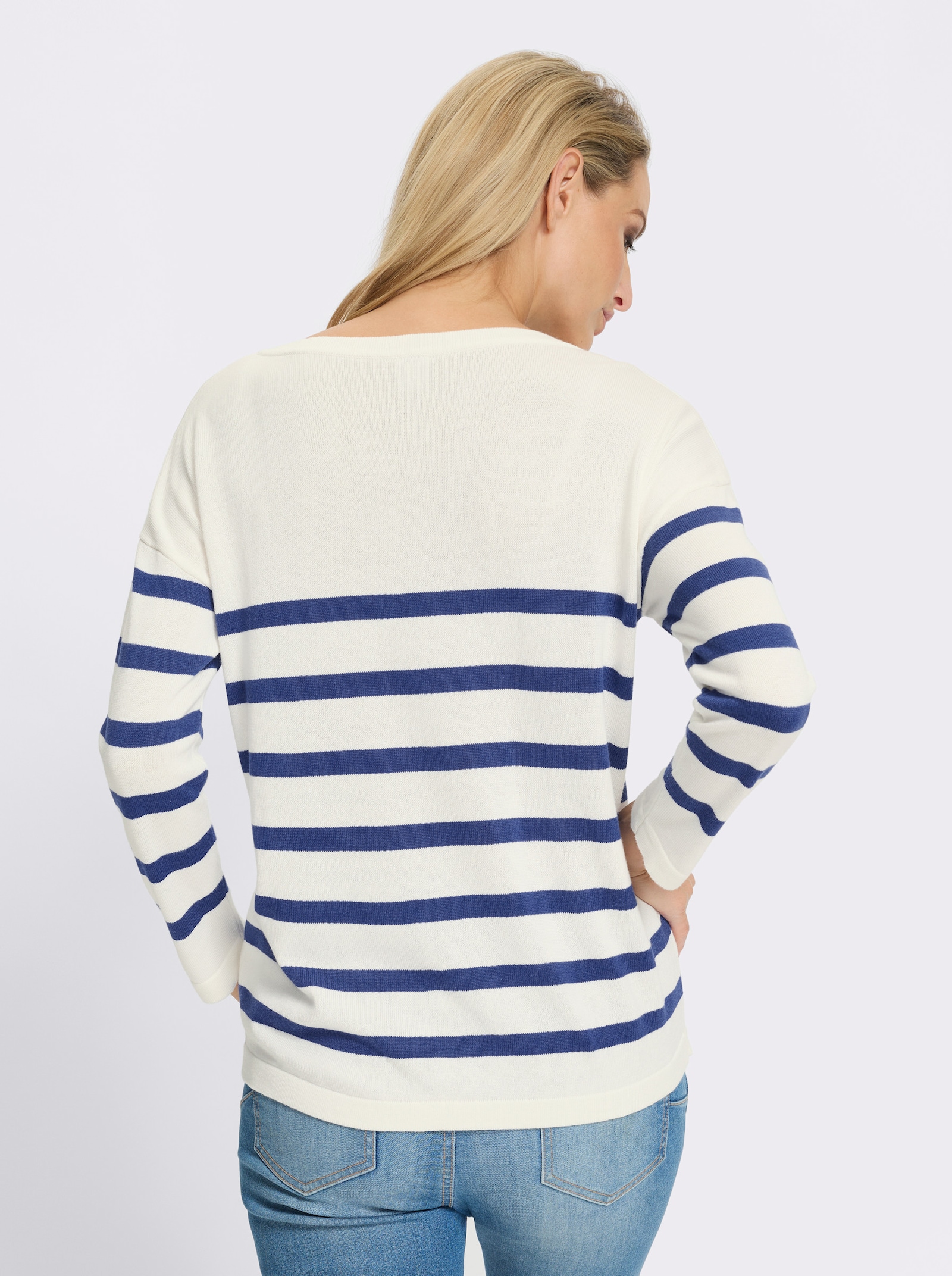 heine Pullover van fijntricot met streepjesdessin - koningsblauw/ecru gedessineerd