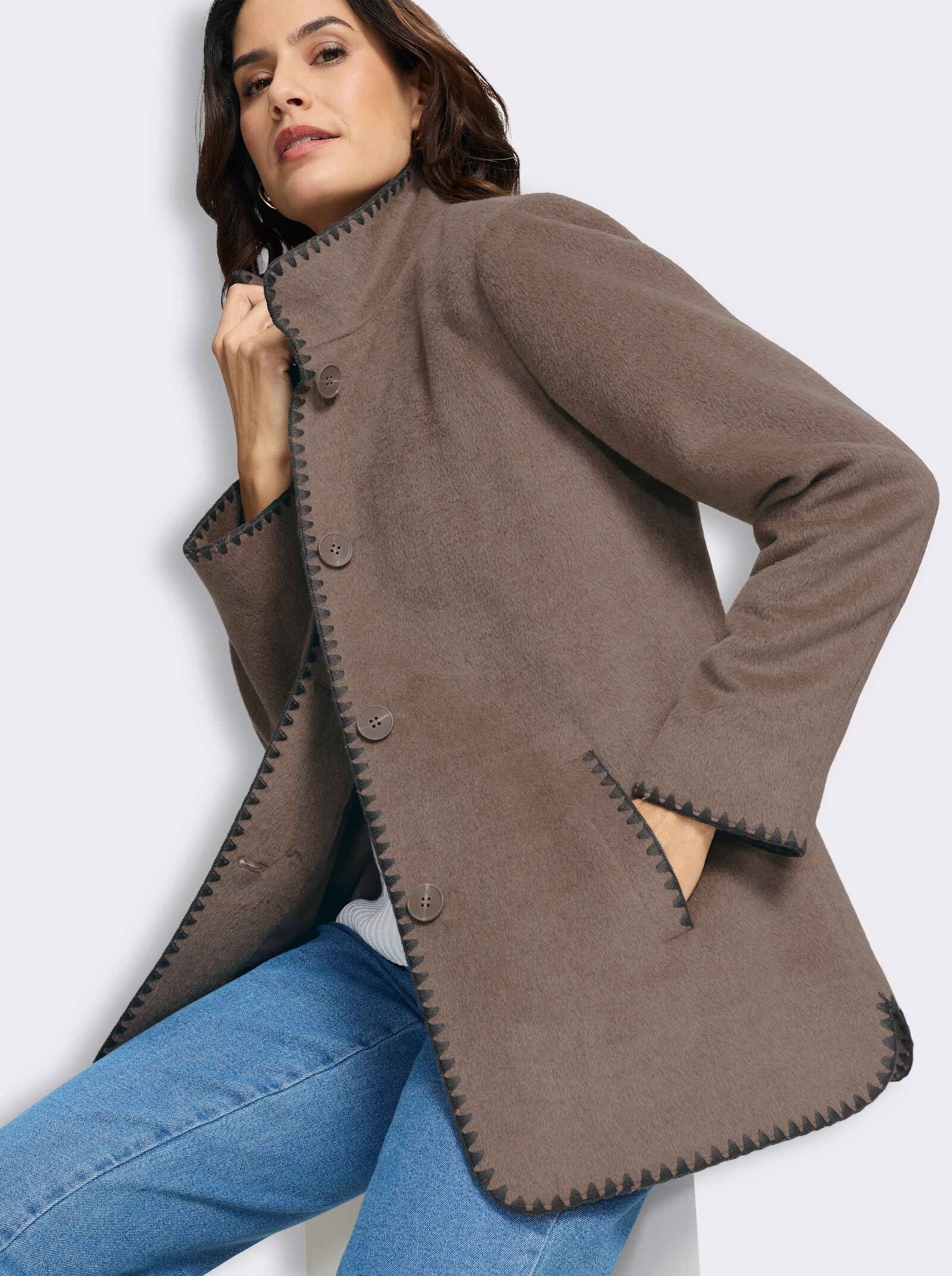 Jacke in flauschiger Woll-Optik - taupe-meliert