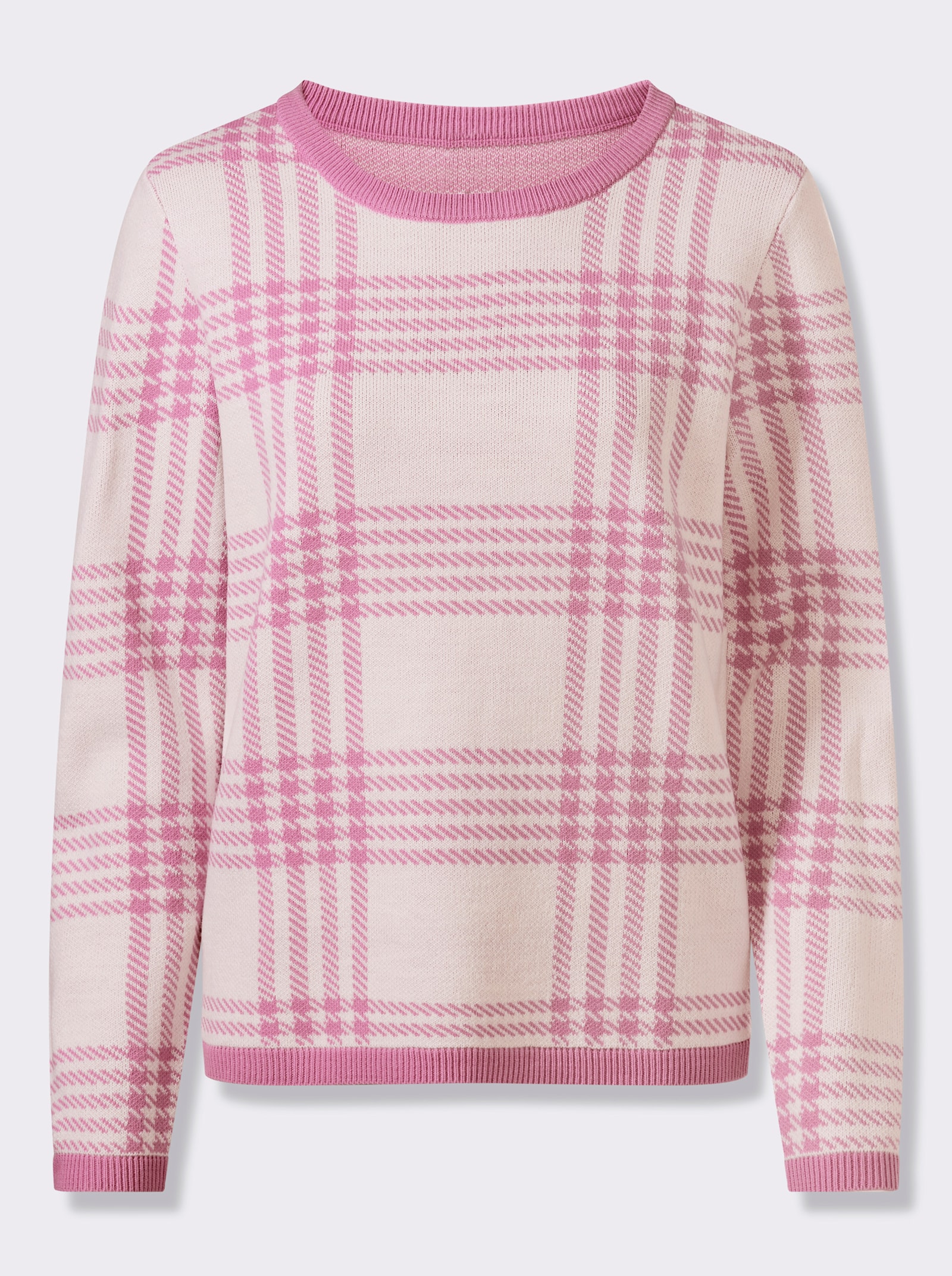 Rundhalspullover im Karo-Jacquardmuster - orchidee-ecru-gemustert