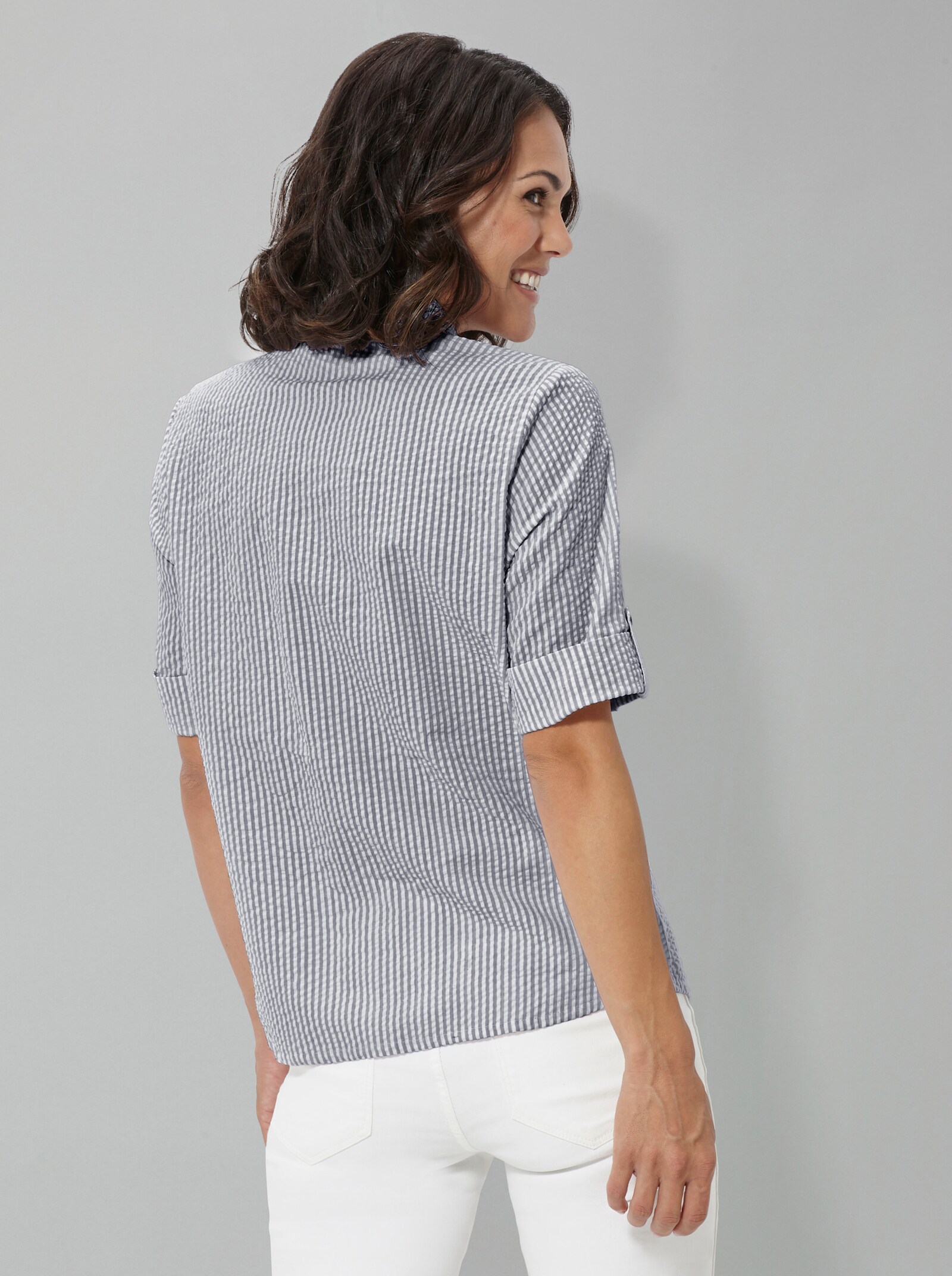 Lange blouse van katoen, seersucker - marine gestreept